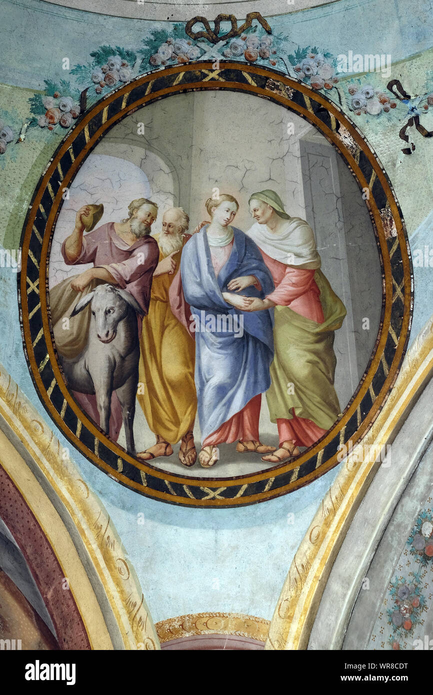 Visitation de la Vierge Marie, la fresque de plafond de l'église Saint Jean le Baptiste à Zagreb, Croatie Banque D'Images