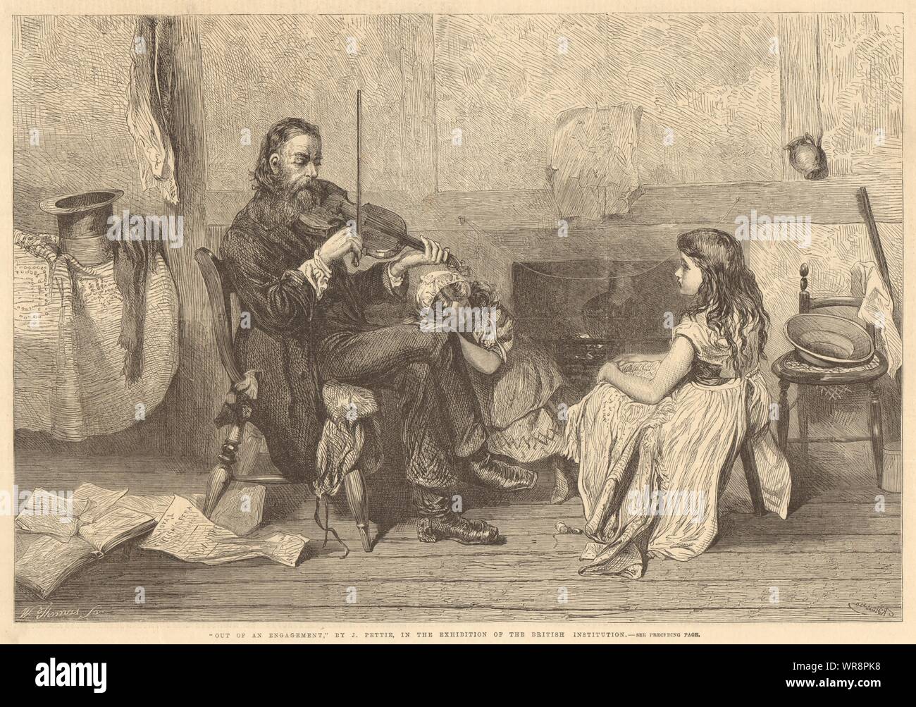 "En dehors d'un engagement" par J. Pettite. La musique de violon antique 1865 pleine page ILN Banque D'Images