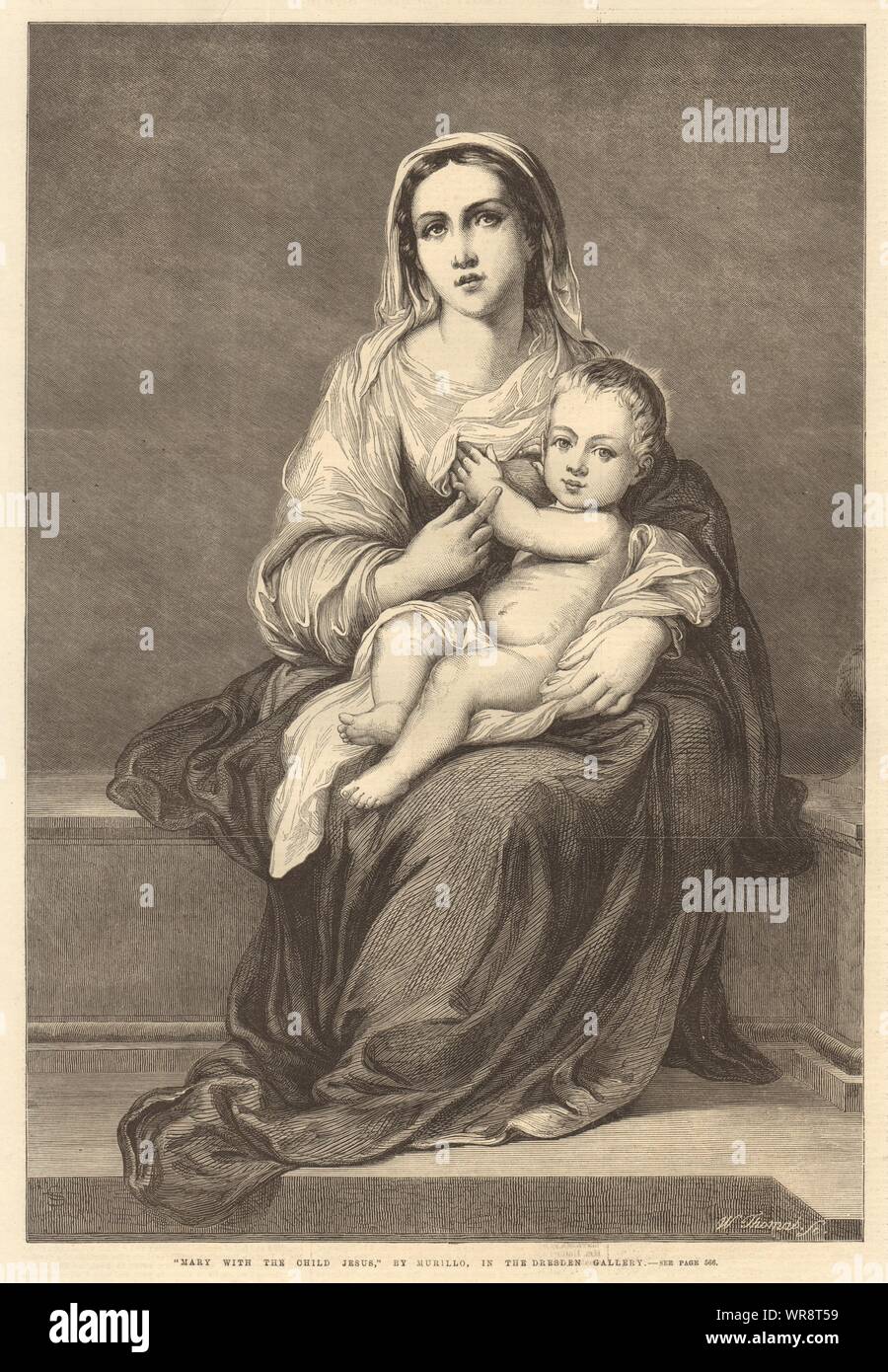 "Mary avec l'enfant Jésus" de Murillo. Bible. Beaux-arts antiques 1866 page ILN Banque D'Images