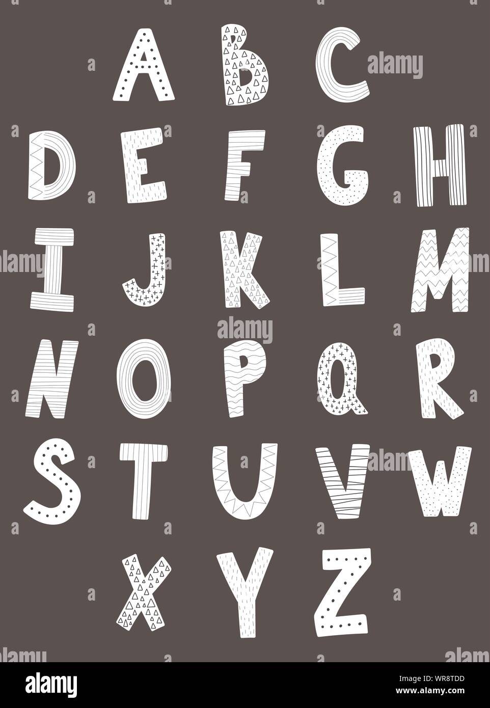 Image vectorielle de l'alphabet pour les enfants. Dessiné à la main des lettres blanches dans un style scandinave. Illustration d'ABC. Police pour graphique typographie, affiches, cartes Illustration de Vecteur