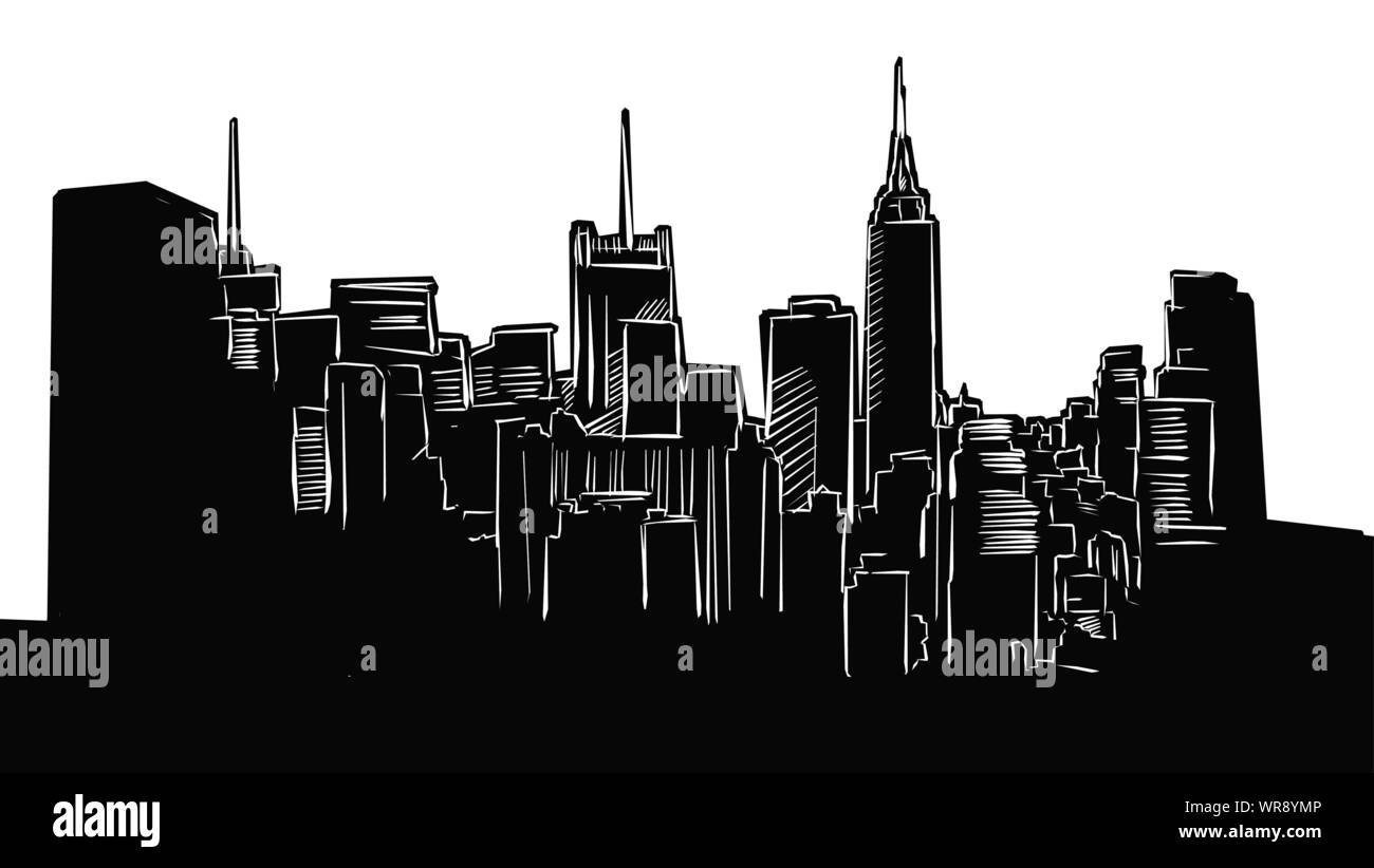 NYC Panorama Metropolis Dessin Silhouette. Illustration dessinée à la main sous la forme d'une gravure et d'impression numérique pour les projets. Illustration de Vecteur