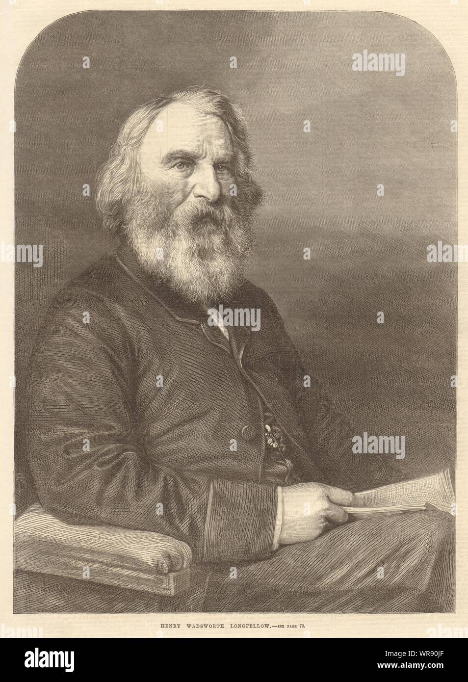 Henry Wadsworth Longfellow. Des poètes. USA 1869 ILN antique full page print Banque D'Images