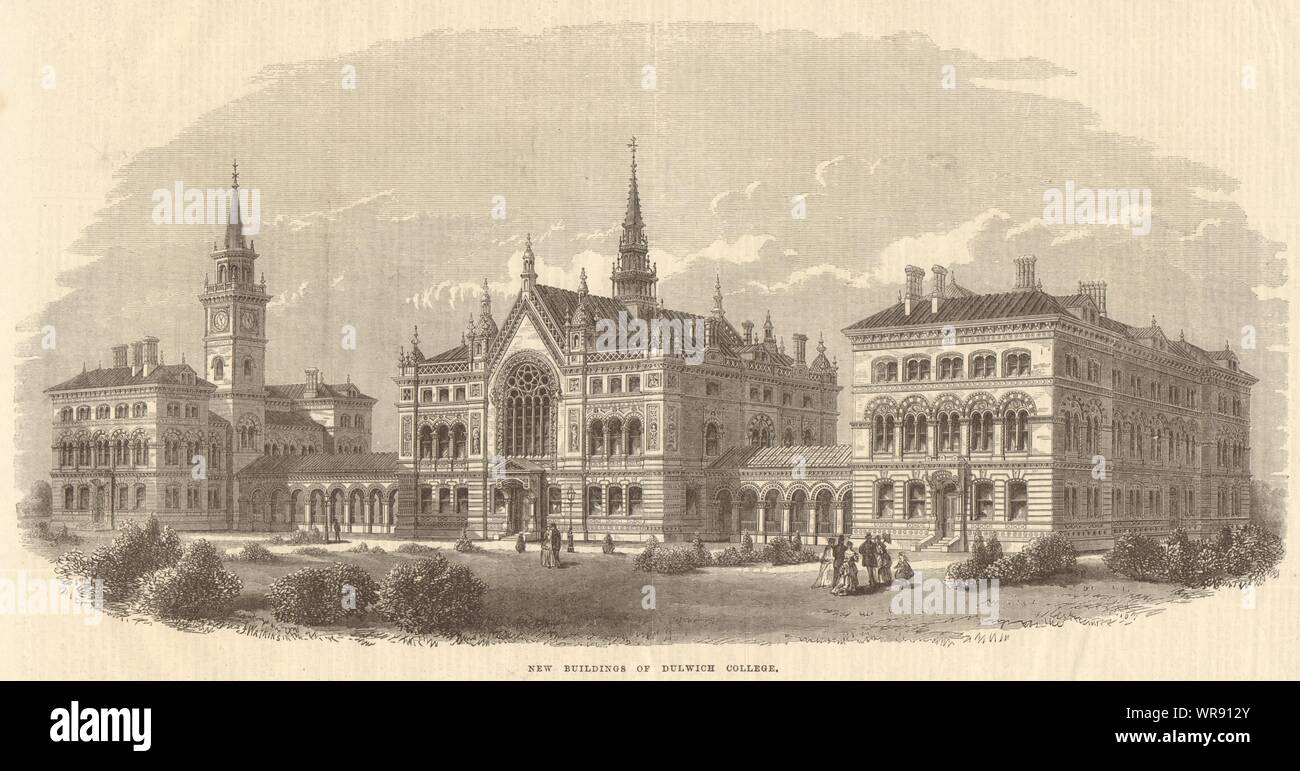 Nouveaux bâtiments de Dulwich College. Londres. L'éducation 1869 ILN antique page complète Banque D'Images