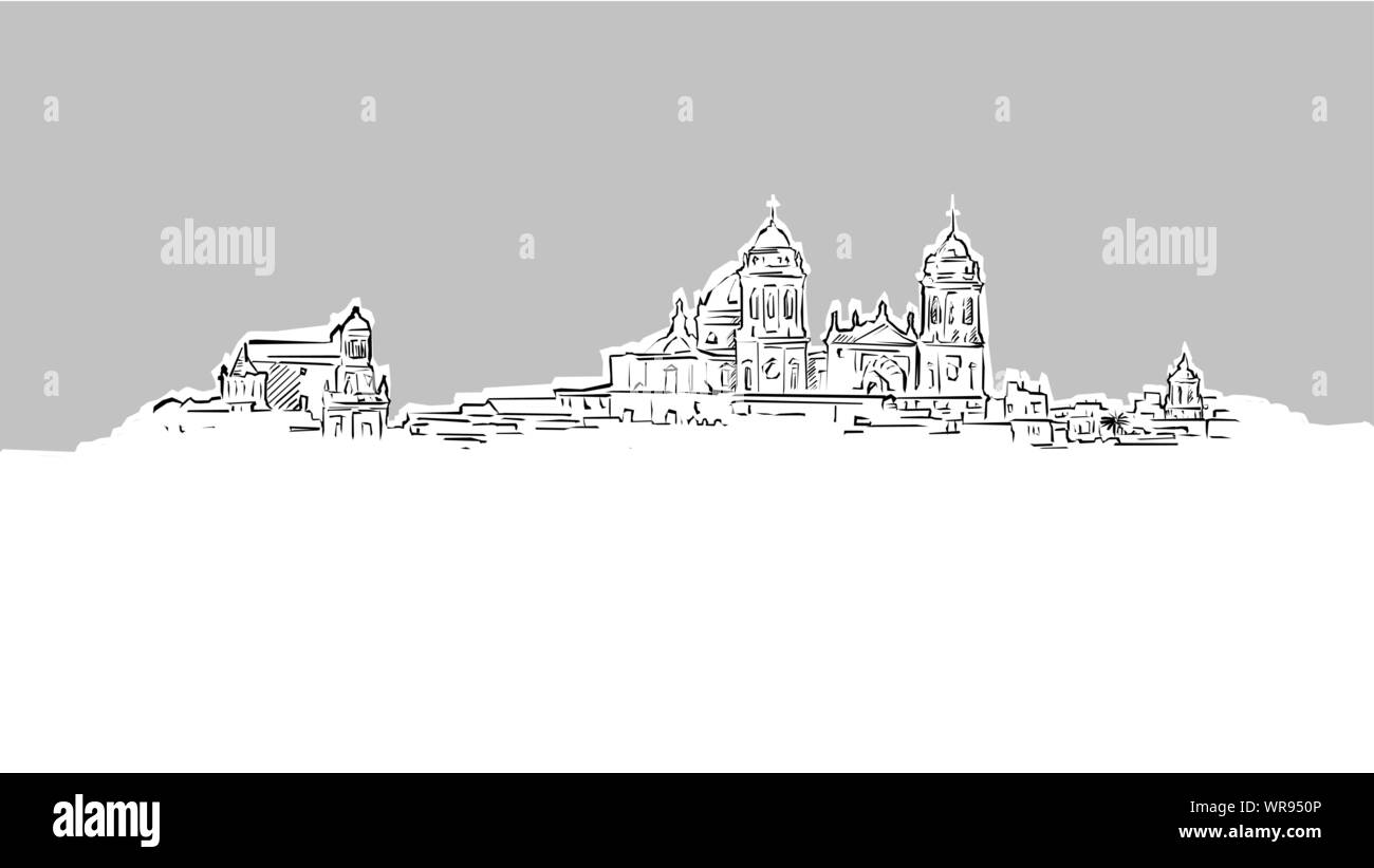 Ancienne ville de Cadix Panorama vecteur croquis. Illustration à la main sur fond gris. Illustration de Vecteur