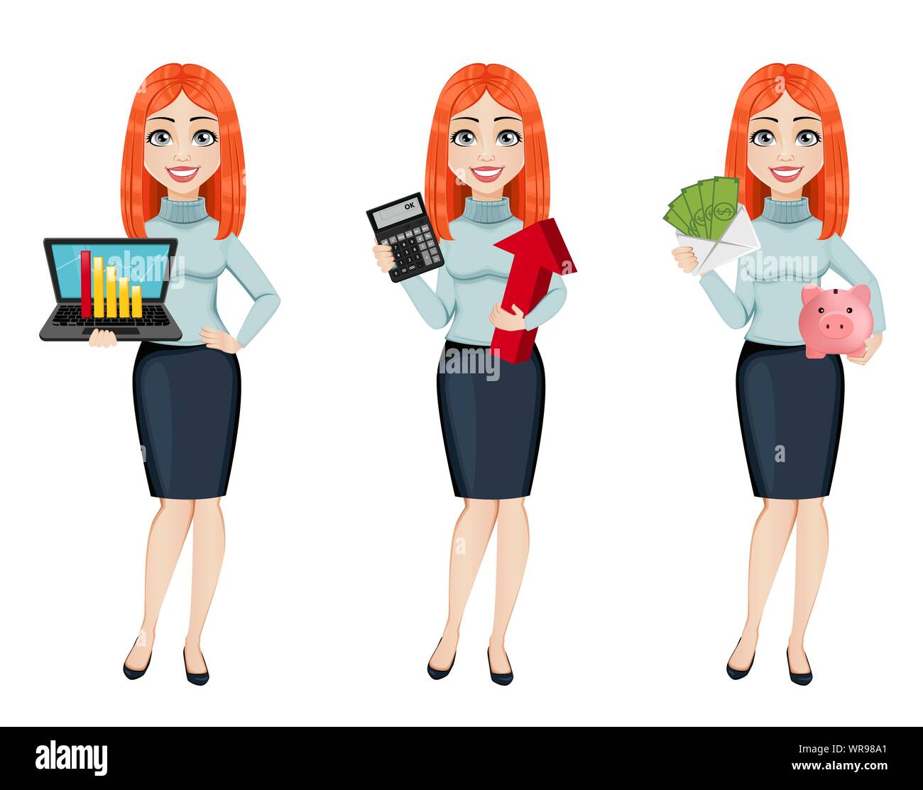 Belle rousse jeune femme d'affaires, ensemble de trois poses. Cute businesswoman personnage est titulaire d'un ordinateur portable, est titulaire d'une calculatrice et détient de l'argent et pi Illustration de Vecteur