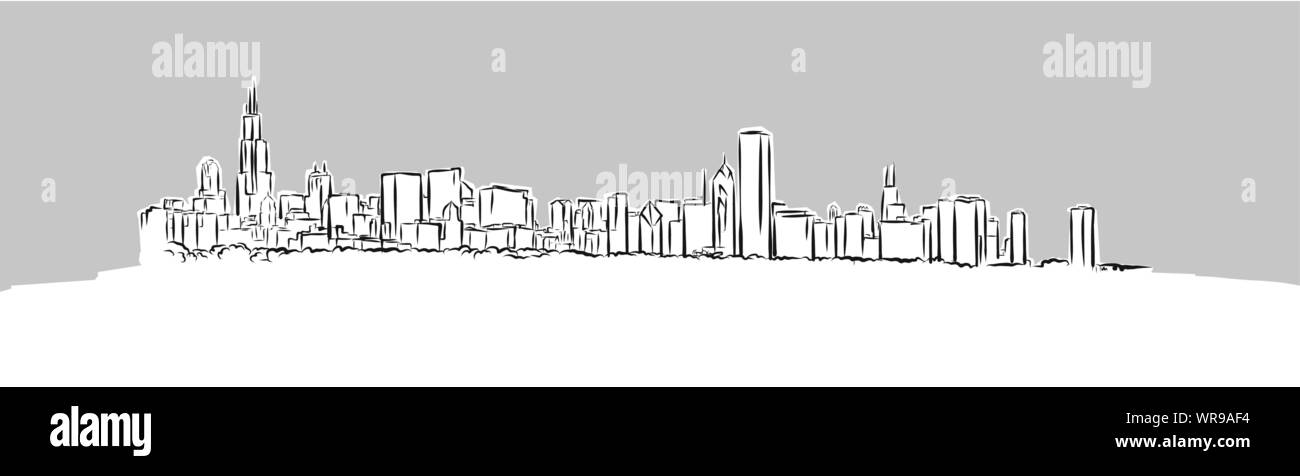 Chicago Skyline Panorama Croquis vecteur. Illustration à la main sur fond gris. Illustration de Vecteur