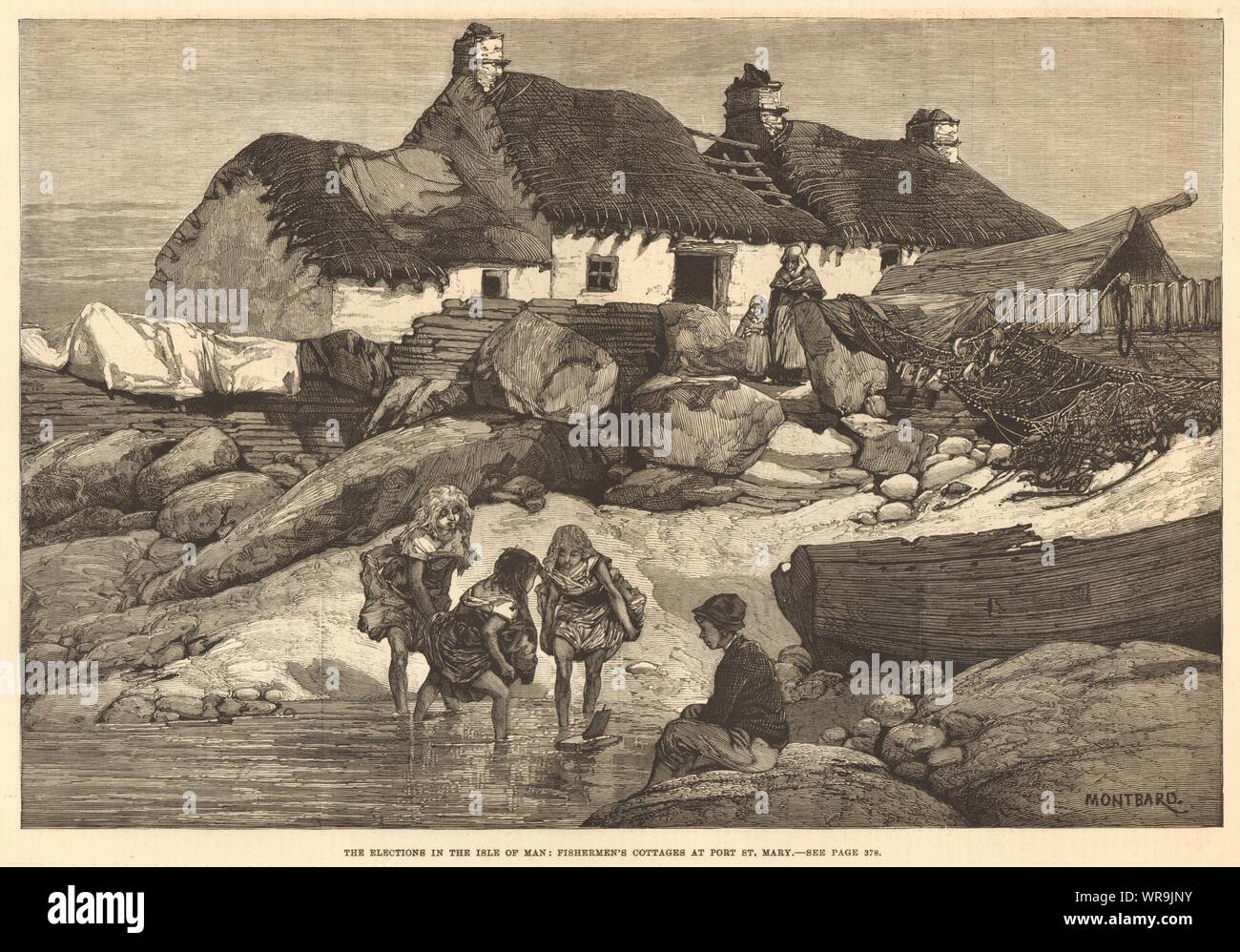 L'île de Man l'élection : les cabanes de pêcheurs à Port Saint Mary ILN 1881 imprimer Banque D'Images