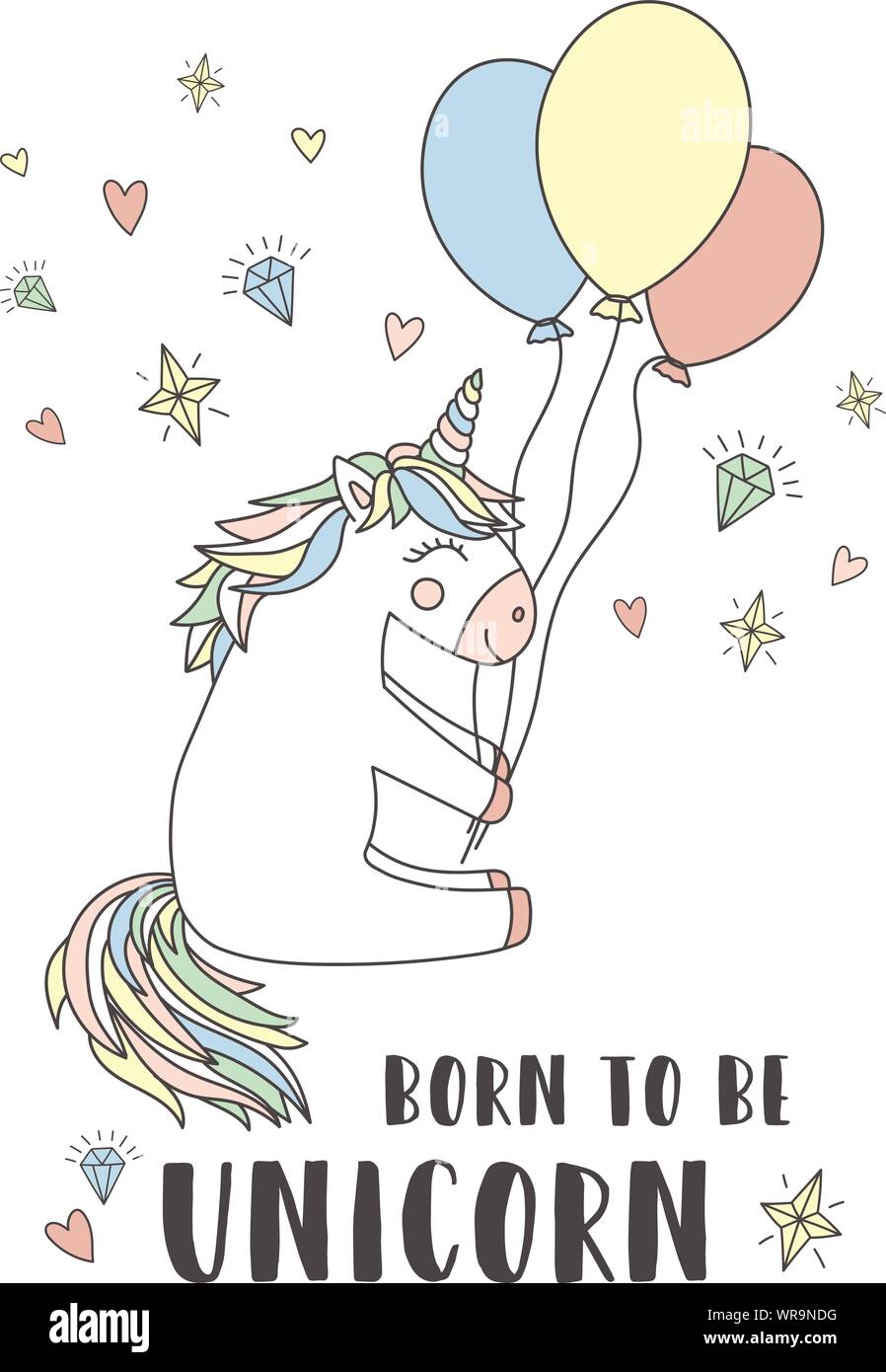 Image vectorielle d'un cheval magique avec des ballons et l'inscription Né pour être une licorne. Concept de maison de vacances, baby shower, anniversaire, fête, imprime, textur Illustration de Vecteur