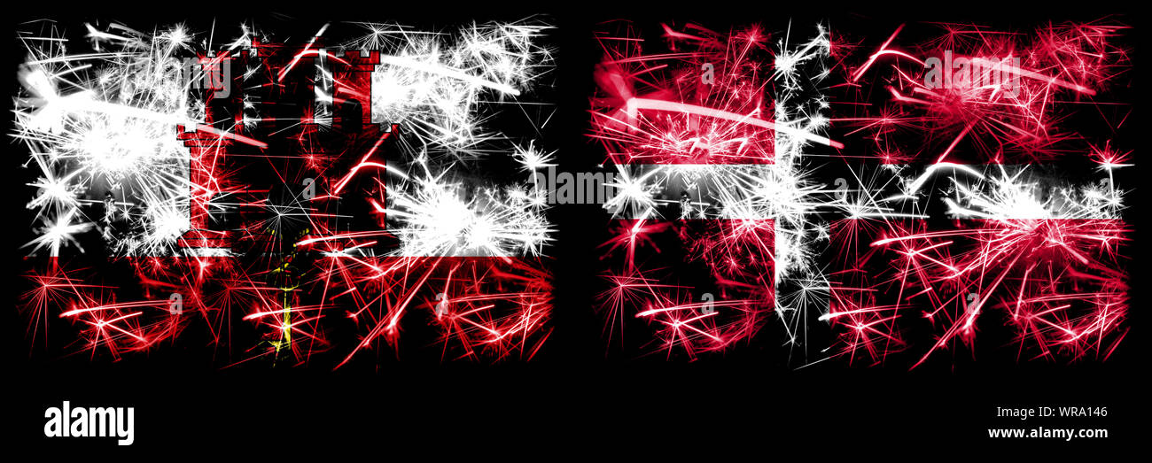 Gibraltar, le Danemark d'artifice pétillant concept et idée drapeaux Banque D'Images