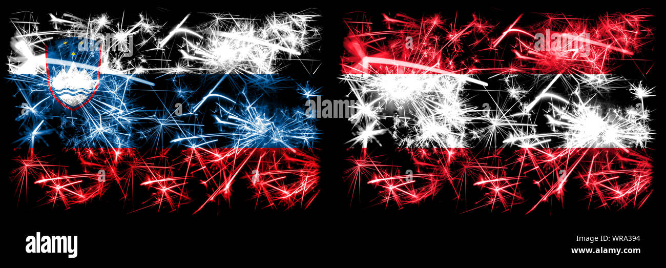 La Slovénie, l'Autriche, de Slovénie, d'artifice pétillant autrichien concept et idée drapeaux Banque D'Images