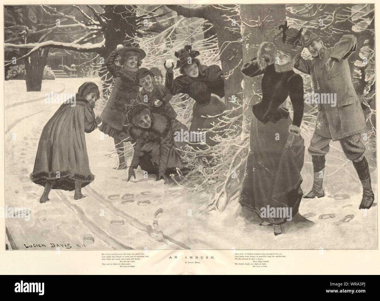 Une embuscade. Sports d'hiver. Bataille de boules de la famille antique 1897 pleine page ILN Banque D'Images