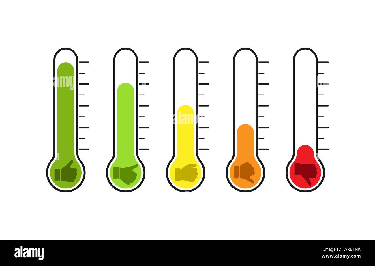 Set de thermomètres avec différents degrés de température. Reflet d'émotions, l'humeur ou de vote. Modèle plat. Illustration de Vecteur