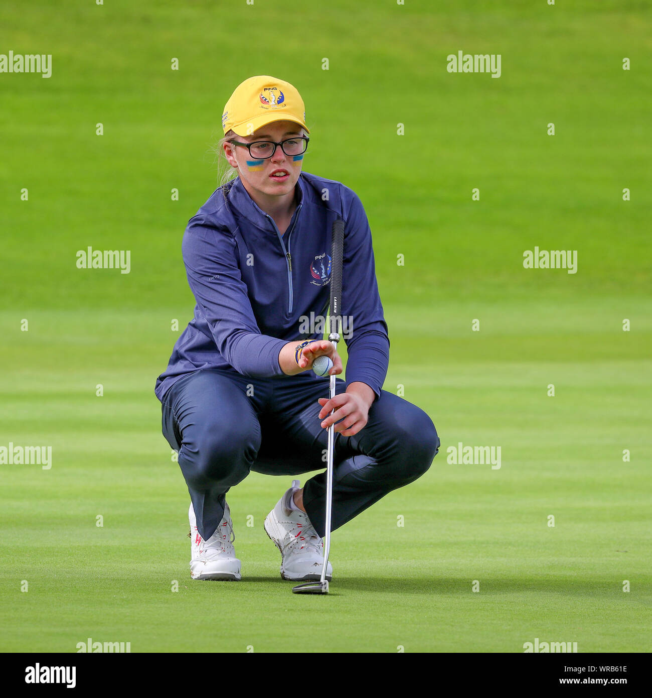 Gleneagles, UK. 10 septembre 2019. Dans la journée du mardi a joué sur les rois Cours à Gleneagles, Perthshire, UK, HANNAH DARLING de Midlothian Ecosse associé ANNABELL FULLER, d'Angleterre, étudie maintenant à Roehampton, USA a joué contre SADIE, Engelmann de Austin, Texas, USA et LUCY LI, de Stanford, Californie, USA avec Darling/ Fuller remportant 4 et 3. Image de Hannah Darling le putt. Credit : Findlay/Alamy News Banque D'Images