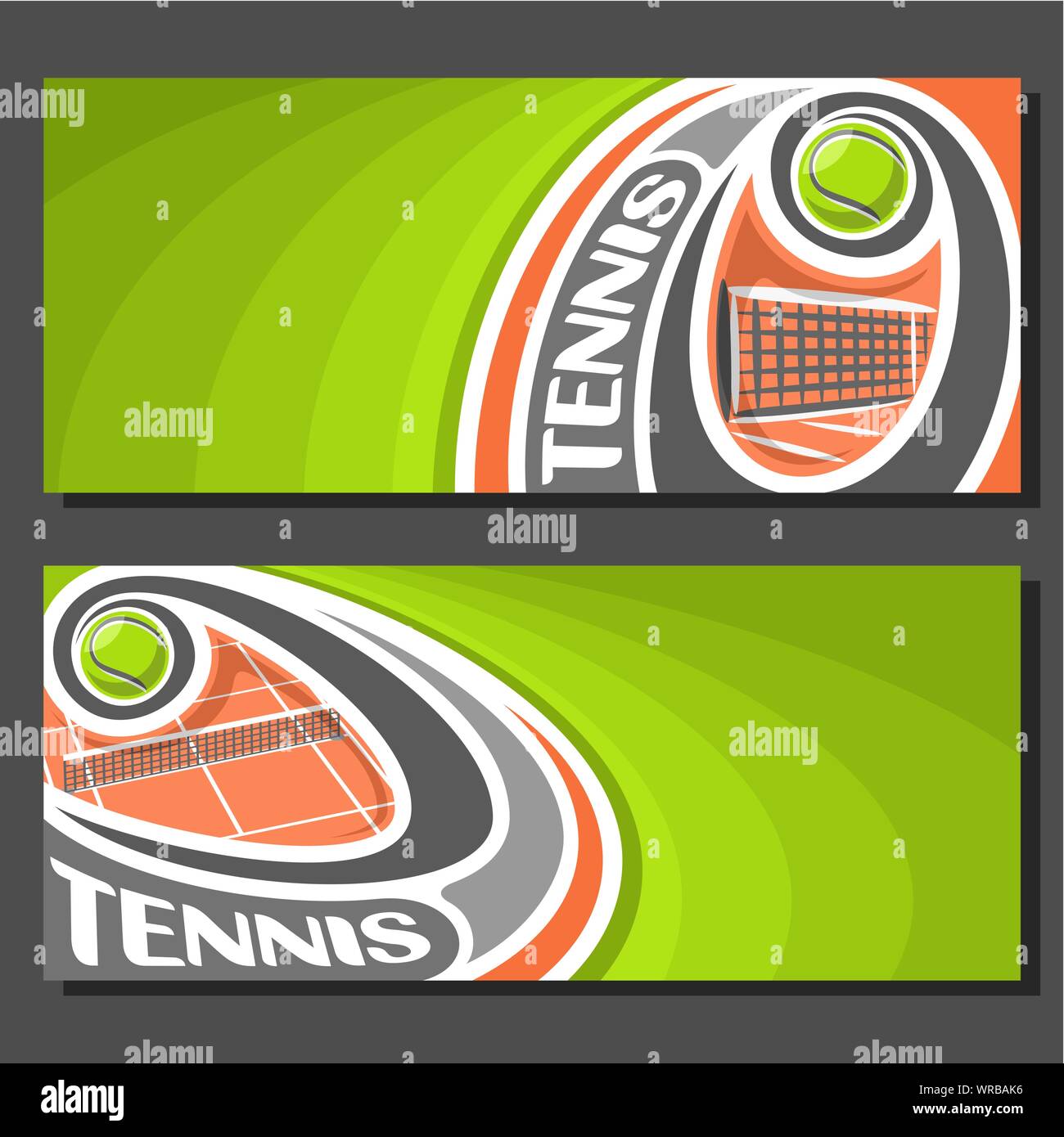 Bannières vecteur pour jeu de Tennis : Tennis ball flying sur trajectoire courbe au-dessus du filet sur terre battue, 2 billets pour le modèle sportif green abstract backg Illustration de Vecteur