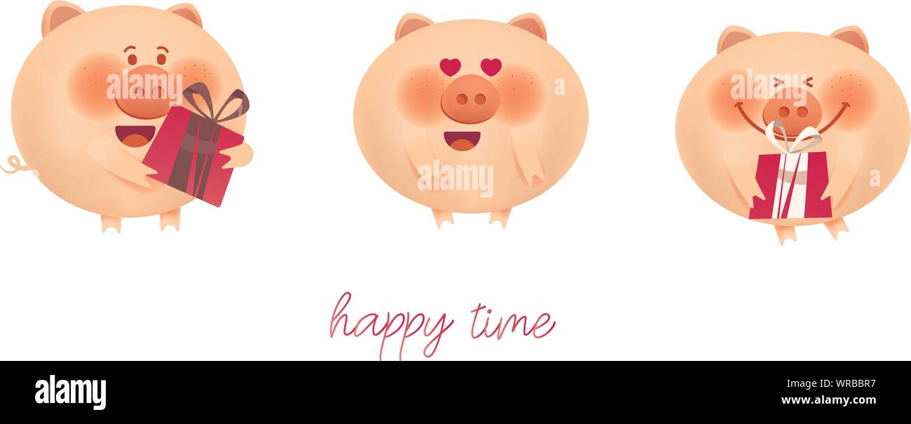 Illustrations de vœux de mignons petits cochons Roses are smiling and holding cadeaux pour les vacances. Illustration de Vecteur