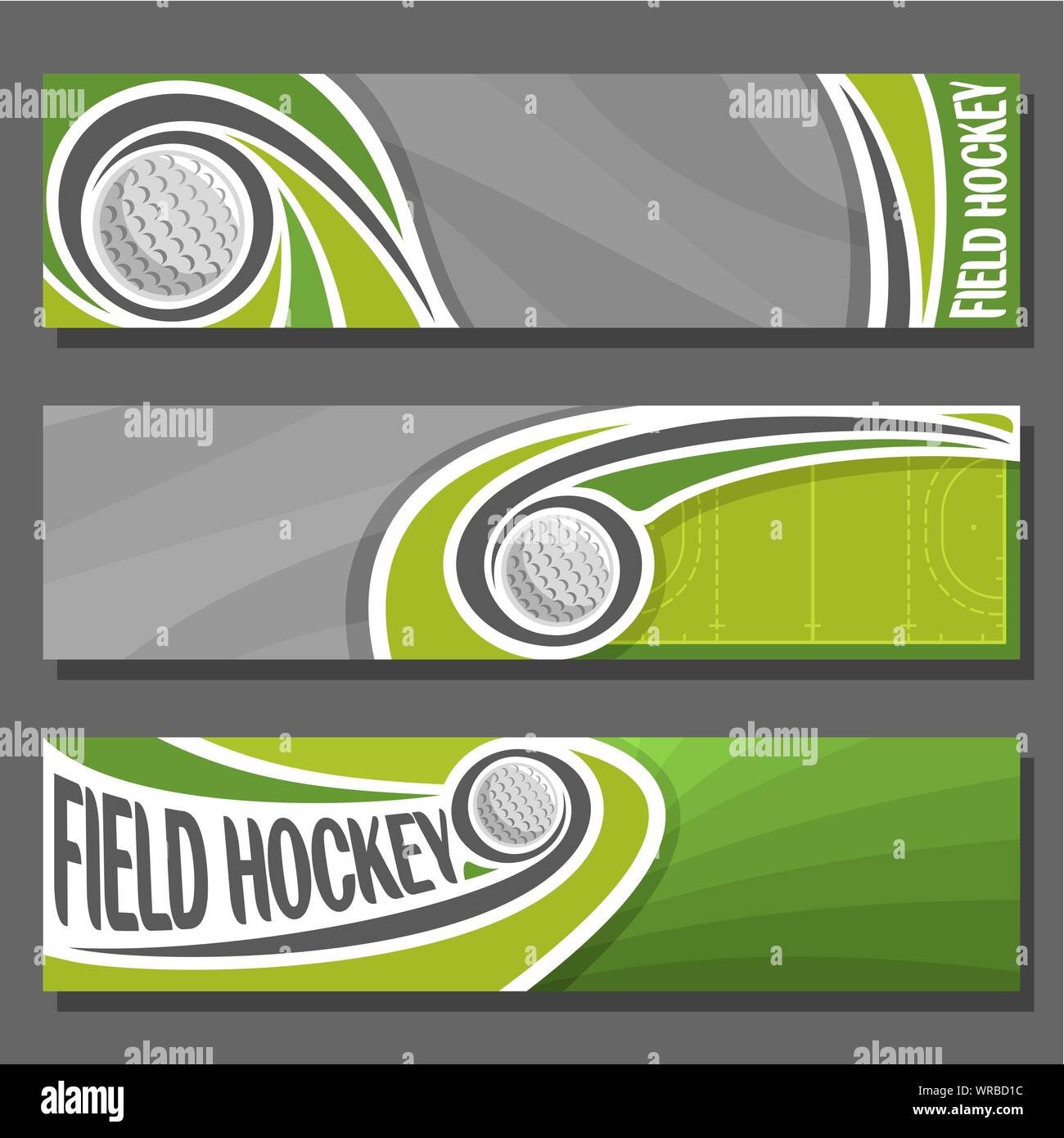 Les bannières horizontales de vecteur pour le hockey : 3 cartoon couvre de texte sur le thème du hockey, sport court avec le vol sur trajectoire ball, résumé général Illustration de Vecteur