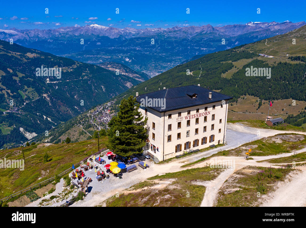 Hôtel Weisshorn au-dessus de la vallée Val d'Anniviers, Saint-Luc, Valais, Suisse Banque D'Images