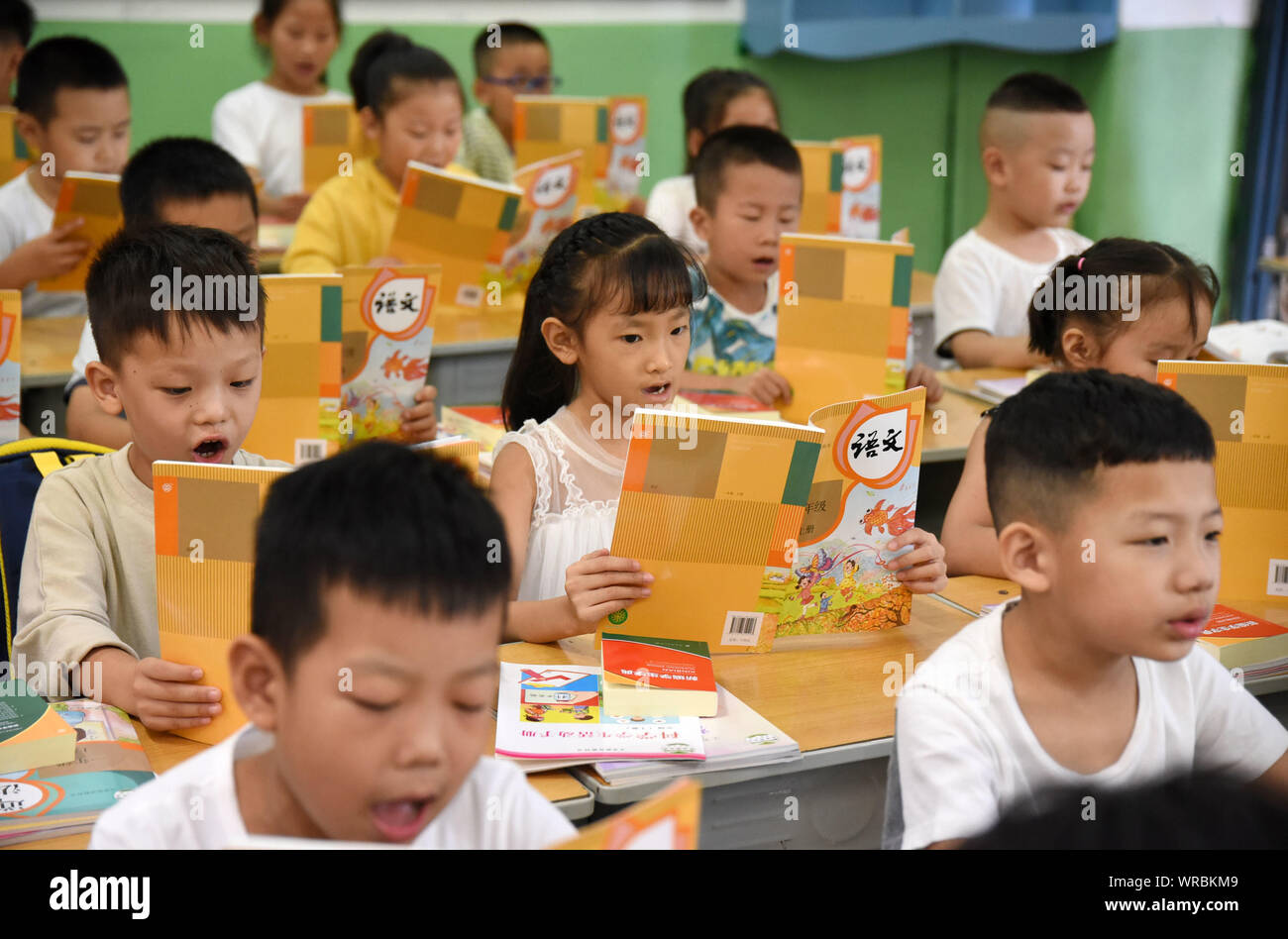 Les jeunes étudiants chinois lire leurs manuels en classe dans une école primaire de l'avant du nouveau semestre à Handan City, Hebei province de la Chine du nord Banque D'Images