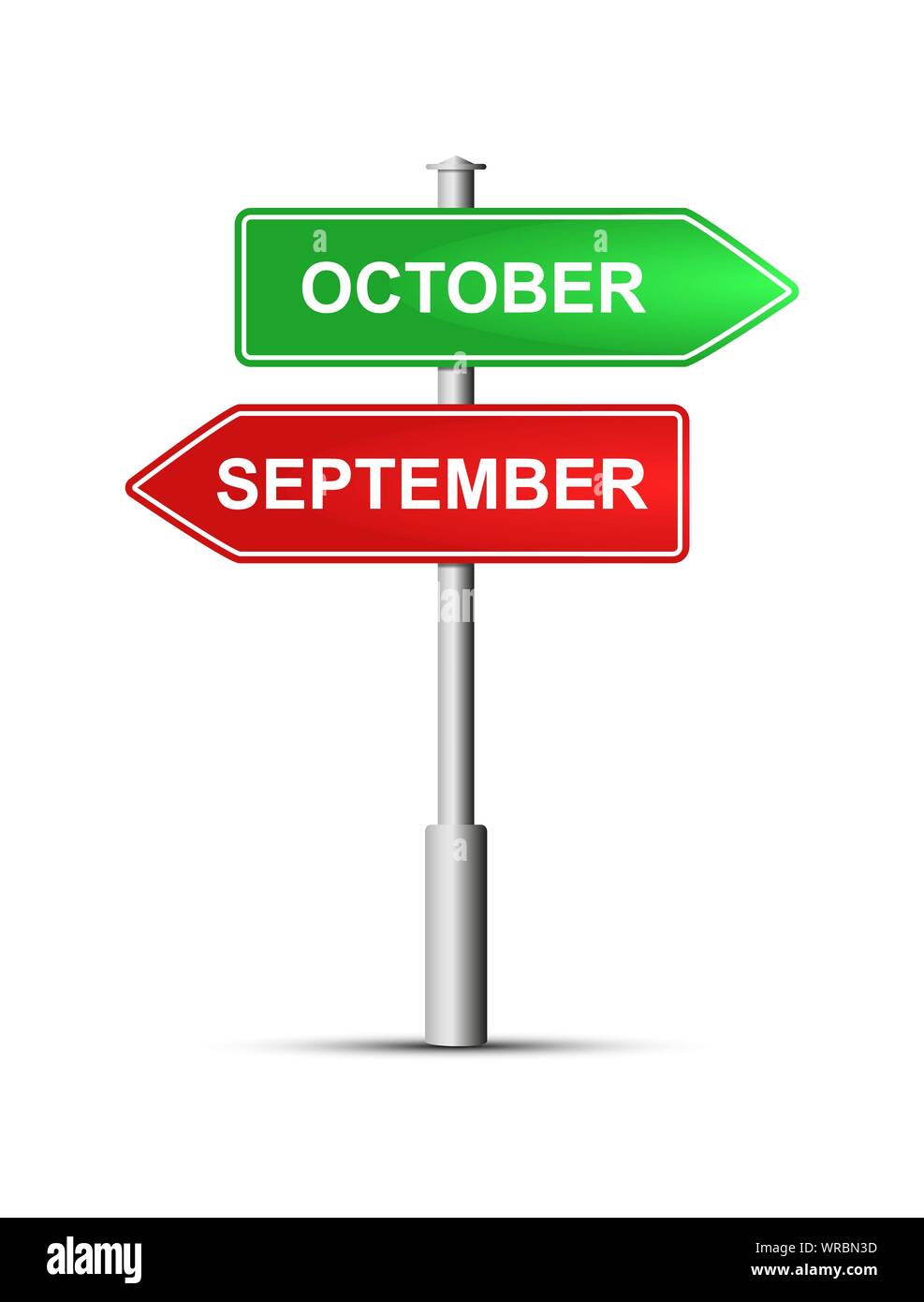 Panneau routier vert et rouge avec le nom des mois de l'année octobre et septembre. Illustration de Vecteur