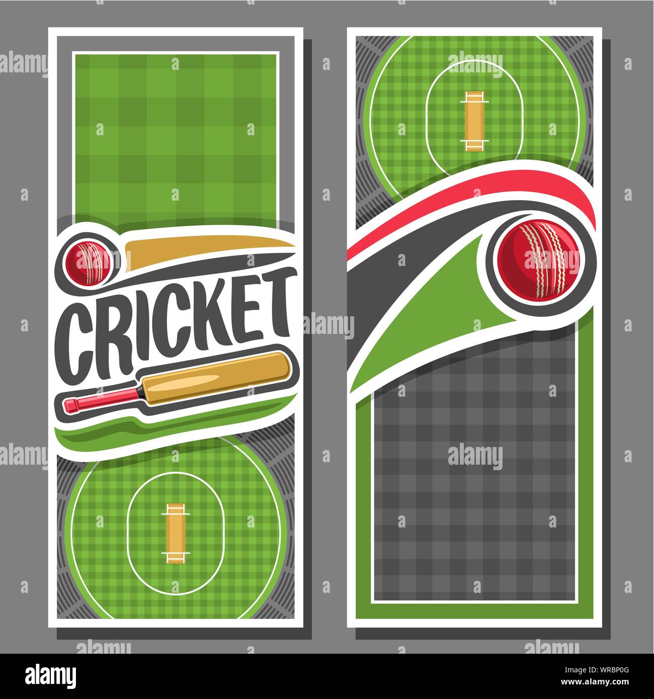 Bannières verticales vecteur pour le Cricket match : 2 modèles de texte sur le thème de cricket, bat et red ball flying sur trajectoire courbe sur fond gris. Illustration de Vecteur