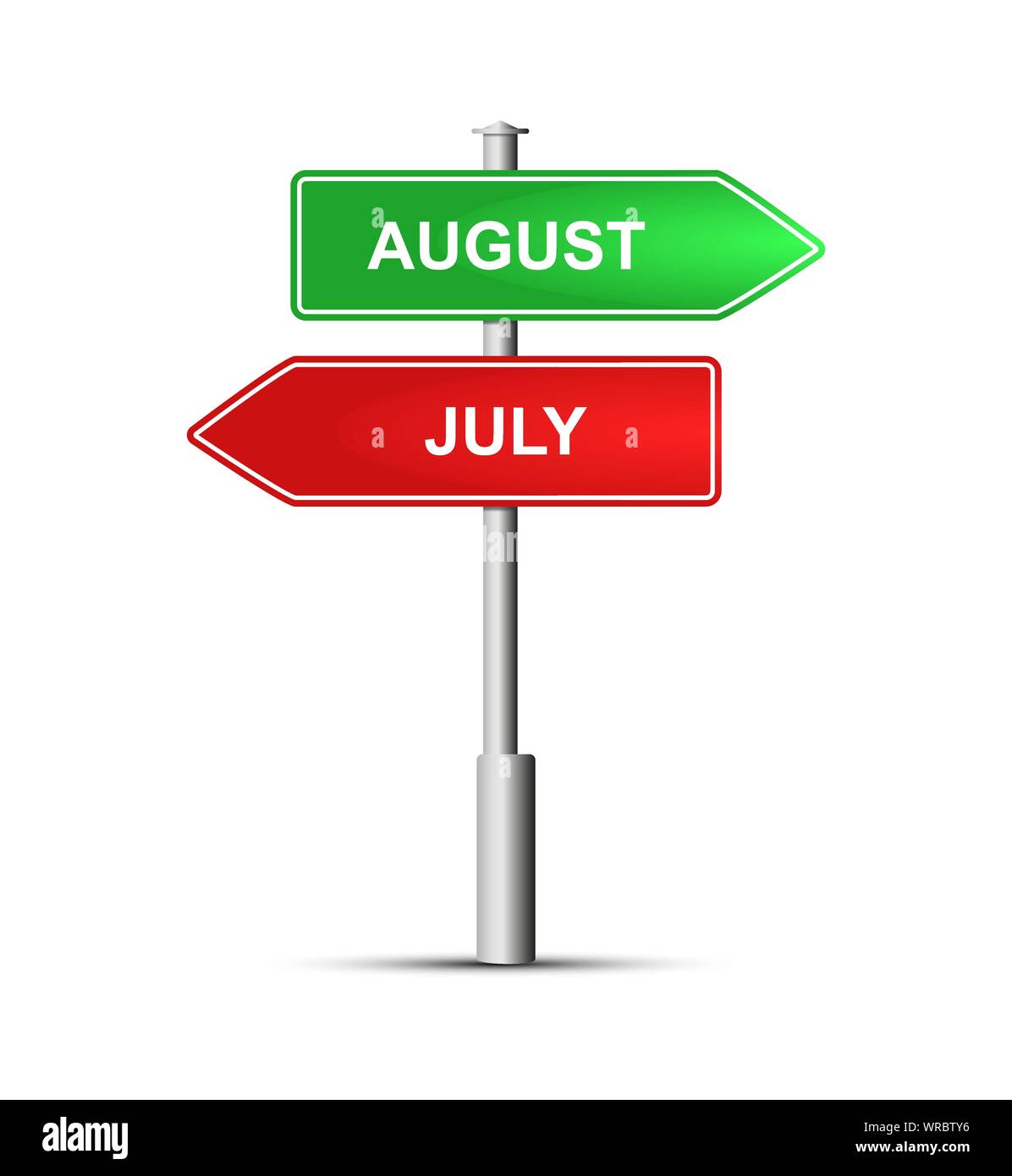 Panneau routier vert et rouge avec le nom des mois de l'année juillet et août. Illustration de Vecteur
