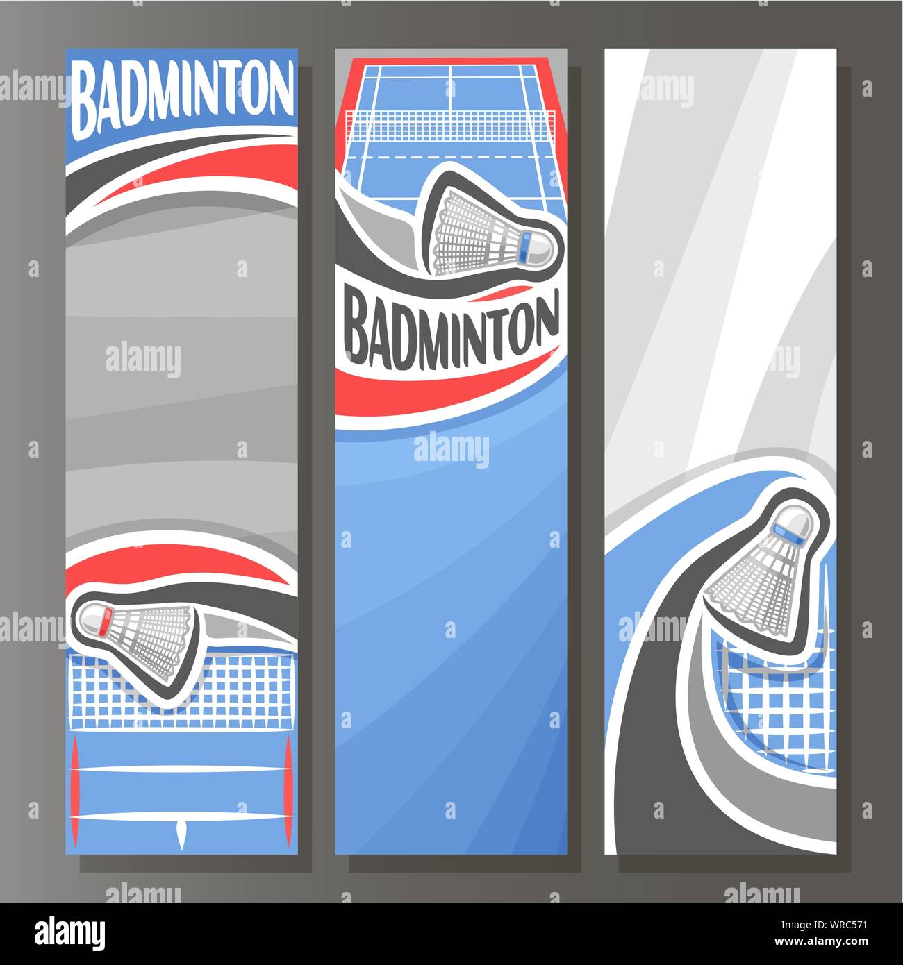 Bannières verticales vecteur pour Badminton : 3 modèles de dessin animé de texte sur le thème du badminton, bleu sport avec net et volant volant sur le dos gris Illustration de Vecteur