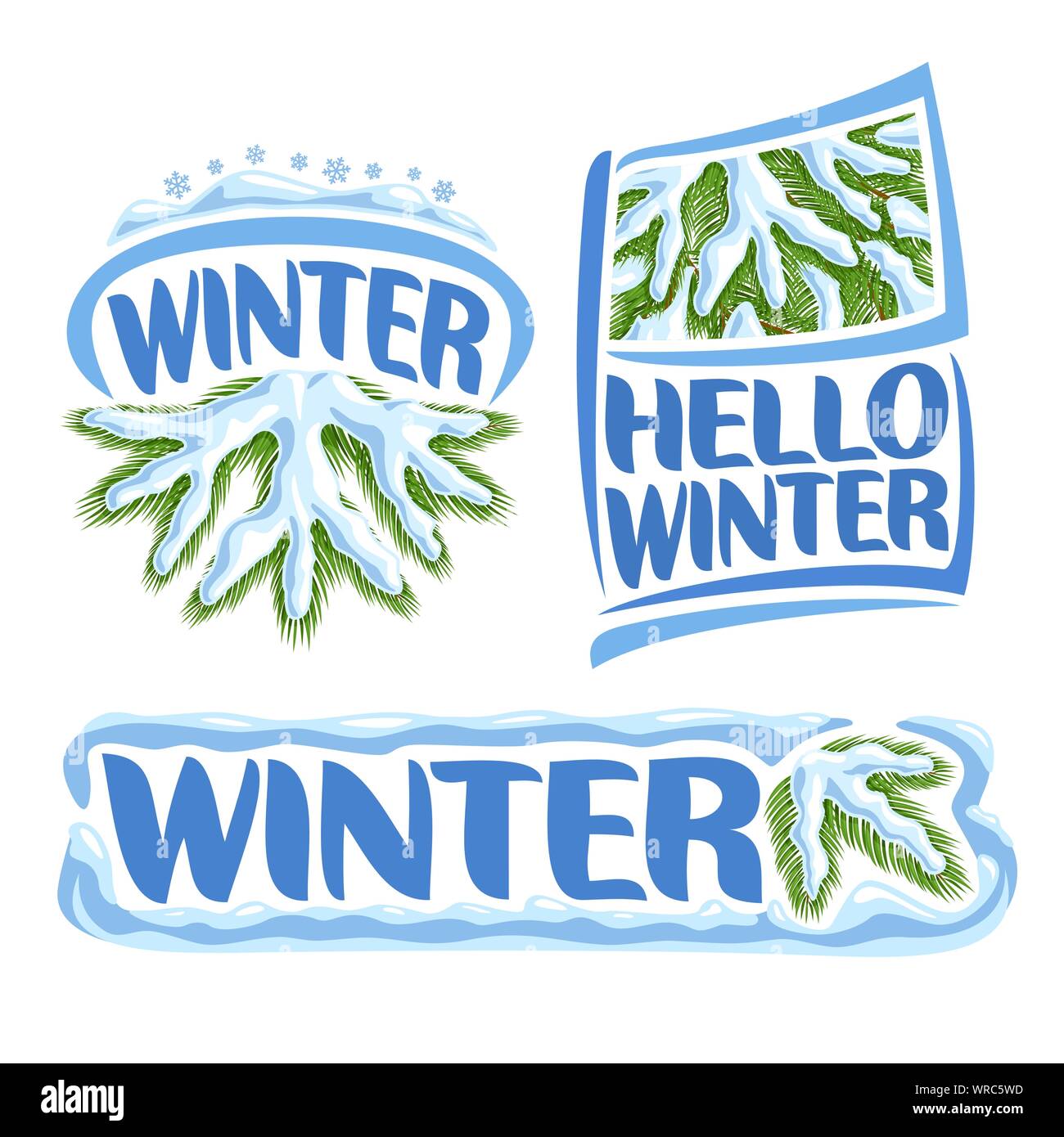 Logo vectoriel pour l'hiver : Branche de l'arbre de Noël dans la neige, ciel nuageux horizon avec des flocons, drapeau avec fond de pin, le texte en bleu bonjour l'hiver. Illustration de Vecteur