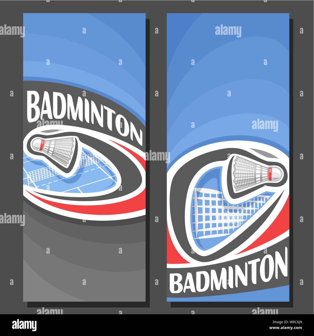 Bannières verticales vecteur pour Badminton : 2 modèles pour titre sur le thème du badminton, volant au-dessus de la courbe de vol sur cour net sur fond bleu. Illustration de Vecteur