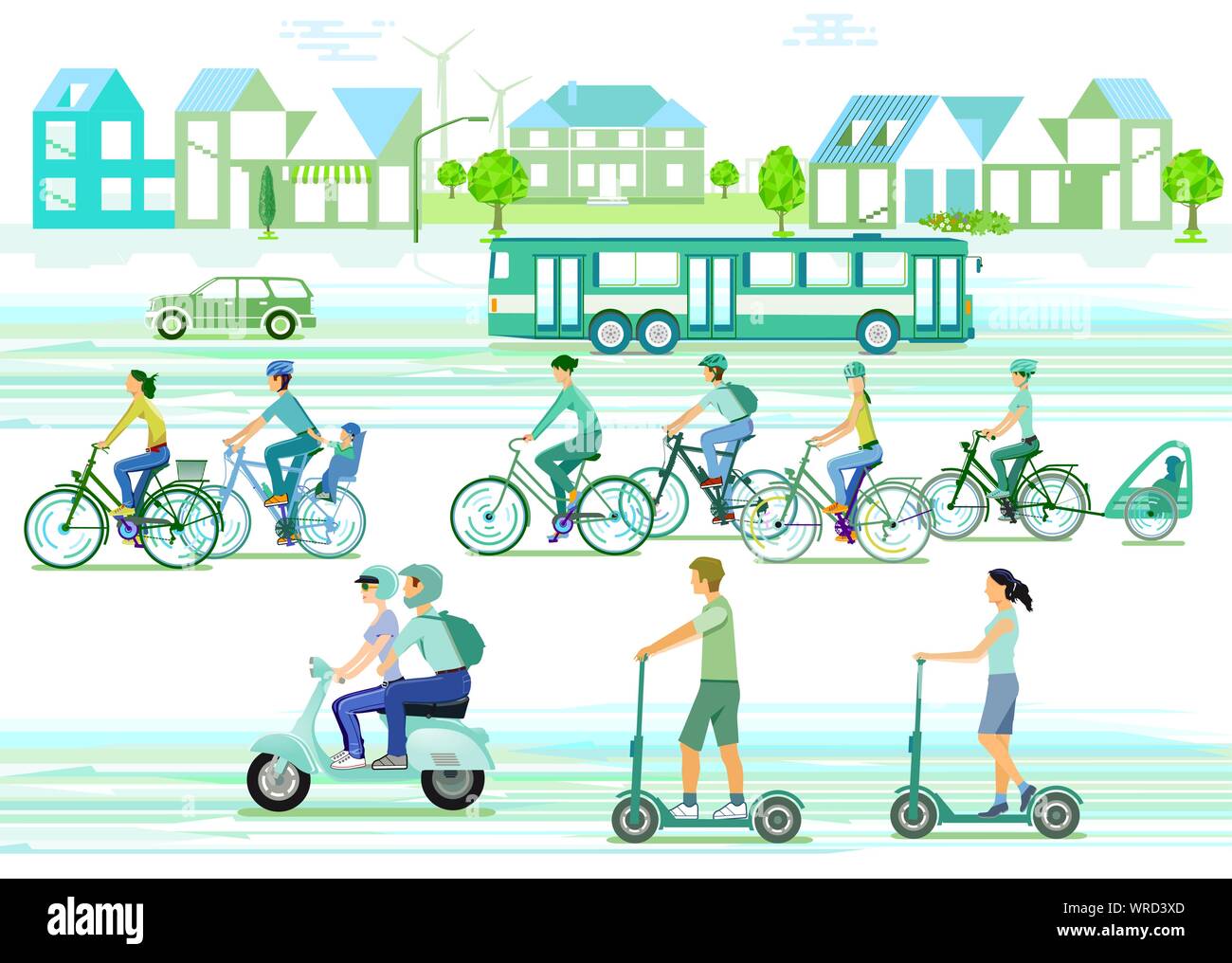 Silhouette ville avec les cyclistes et scooter électrique Illustration de Vecteur