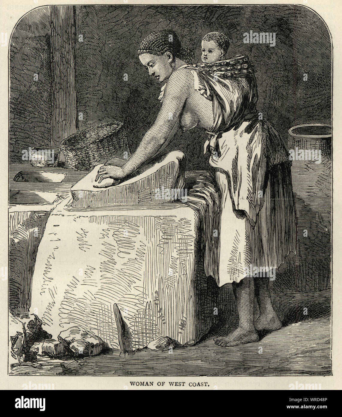 Vintage Gravure D Une Femme Africaine De Fraisage De La Cote Ouest Du Mais Avec Son Bebe Attache Sur Son Dos 19e Siecle Photo Stock Alamy