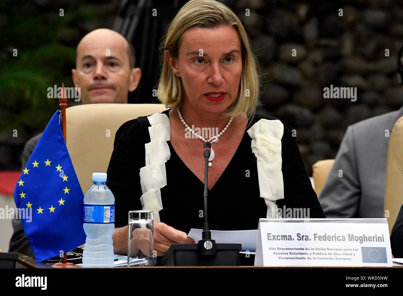 La Havane, Cuba. Sep 9, 2019. L'Union européenne (UE), Haut Représentant pour les Affaires étrangères et la politique de sécurité Federica Mogherini (avant) participe à la deuxième réunion du Conseil conjoint de Cuba à La Havane, capitale de Cuba, July 9, 2019. Mogherini salué l 'frank, discussions ouvertes et constructives," et a réaffirmé que l'UE 'Deep' dans l'intérêt de consolider les liens avec La Havane à la conférence de presse. Credit : Joaquin Hernandez/Xinhua Banque D'Images