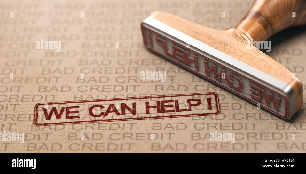 Close up d'un tampon de caoutchouc avec le texte nous pouvons aider plus de brown paper mauvais crédits des filigranes. Concept de dettes solutions. Banque D'Images