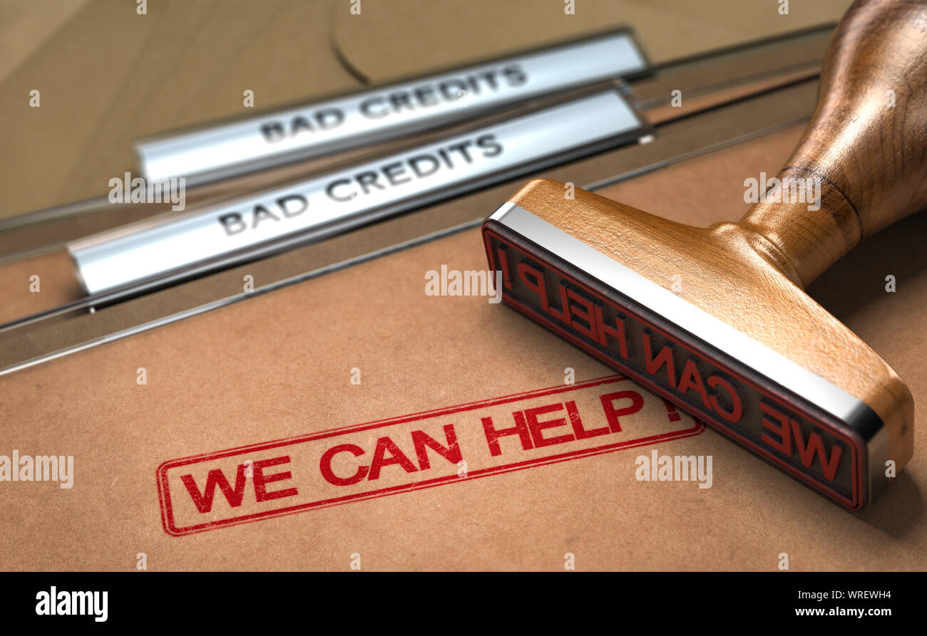 Close up d'un tampon de caoutchouc avec le texte nous pouvons aider plus de mauvais crédits dossiers. Concept de dettes solutions. Banque D'Images