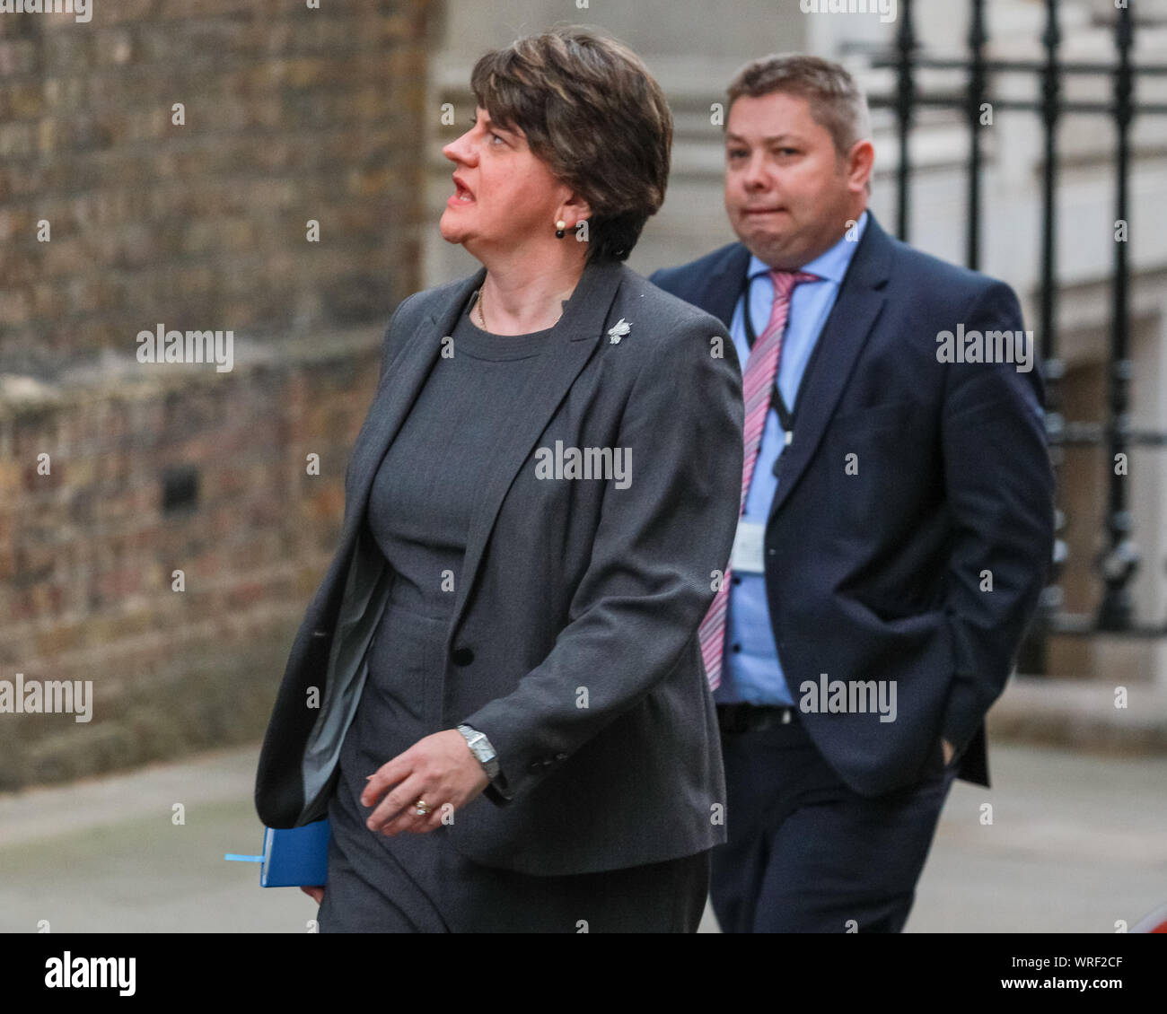 Westminster, London, 2019 10 sep. Chef Arlene Foster DUP et leader adjoint Nigel Dodds entrez au 10, Downing Street à Westminster, a dit d'être Premier ministre rencontre Boris Johnson. La DUP est en ce moment à un gouvernement de coalition avec le parti conservateur. Credit : Imageplotter/Alamy Live News Banque D'Images