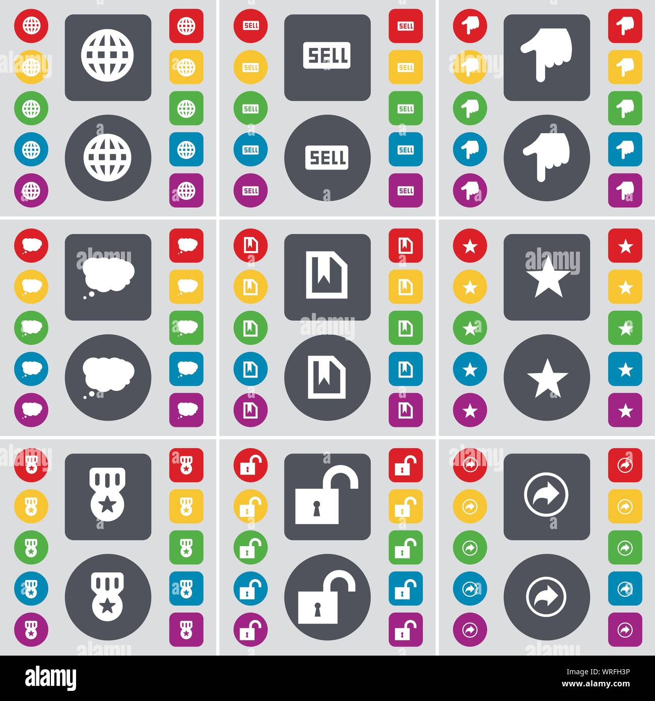 Gant, vendre, Main, Chat cloud, fichier, Star, médaille, symbole de verrouillage, l'icône Retour. Un grand ensemble de télévision, boutons de couleur pour votre conception. Vector Illustration de Vecteur