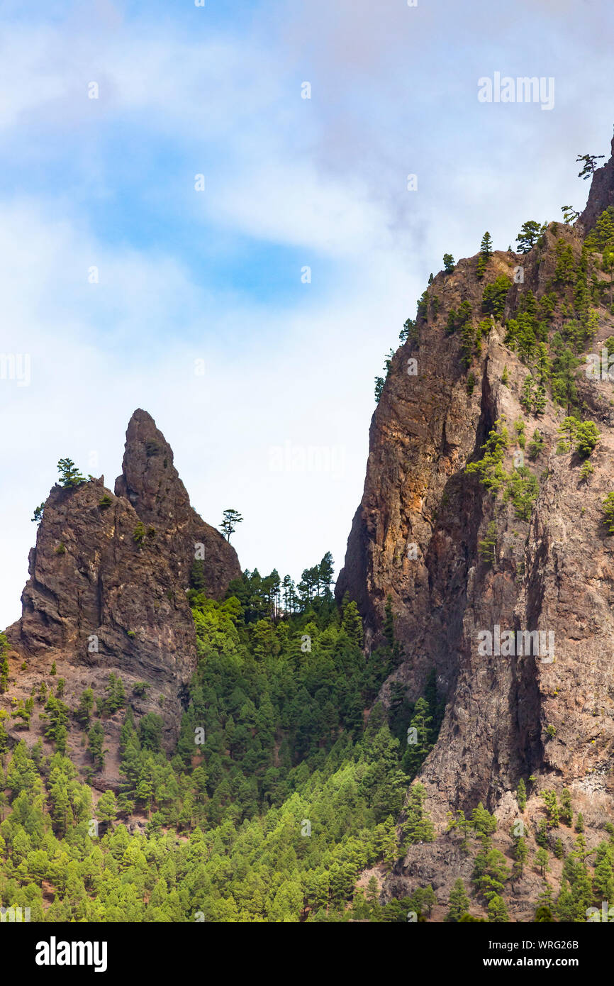 Vue depuis la vallée de la Cumbrecita en La Palma, Espagne avec sa grande aiguille de roche. Banque D'Images