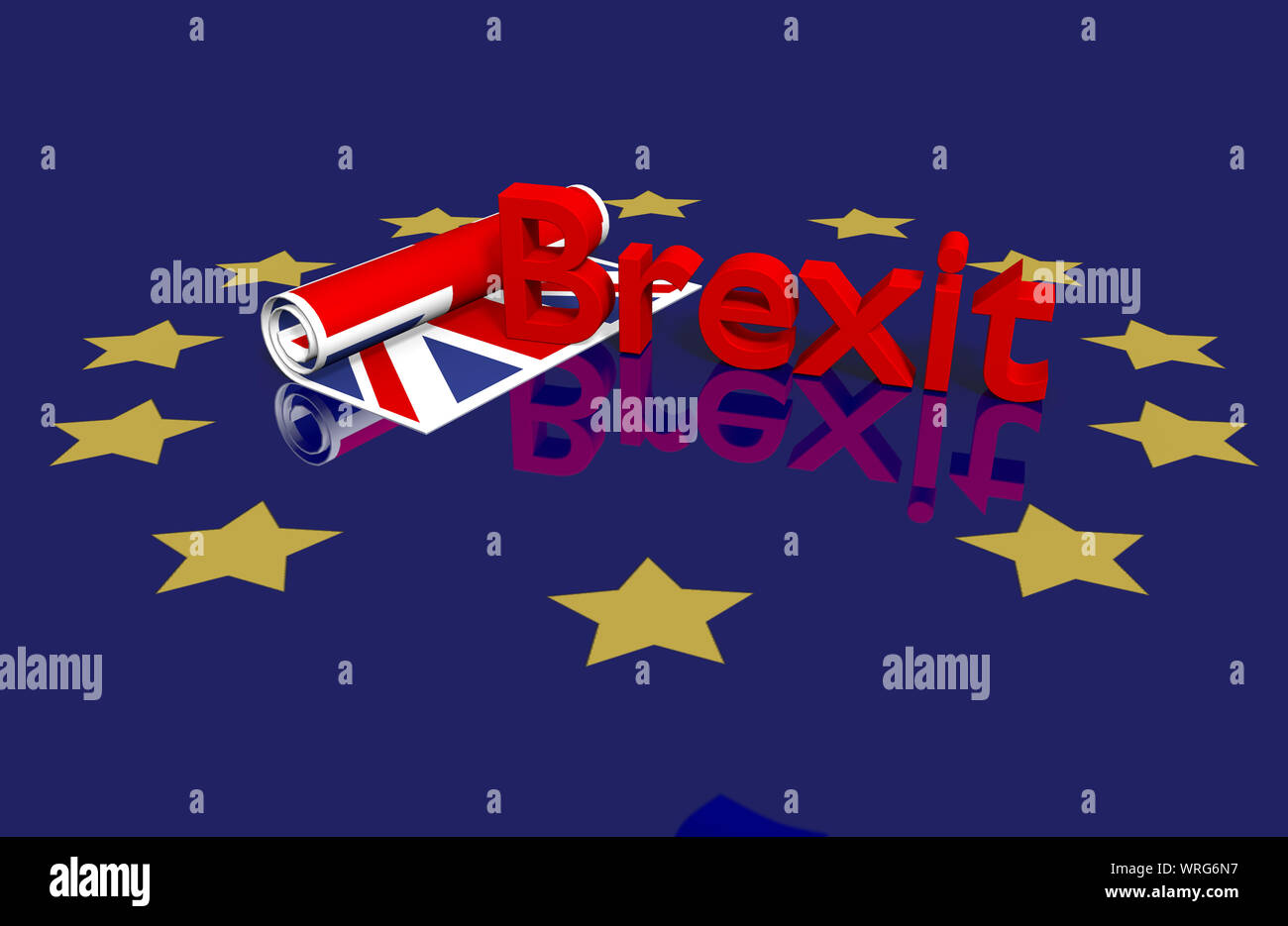 Thème Brexit, roulé UK drapeau avec texte sur la masse de l'Union européenne. Rendu 3d avec reflet dans le sol. Banque D'Images