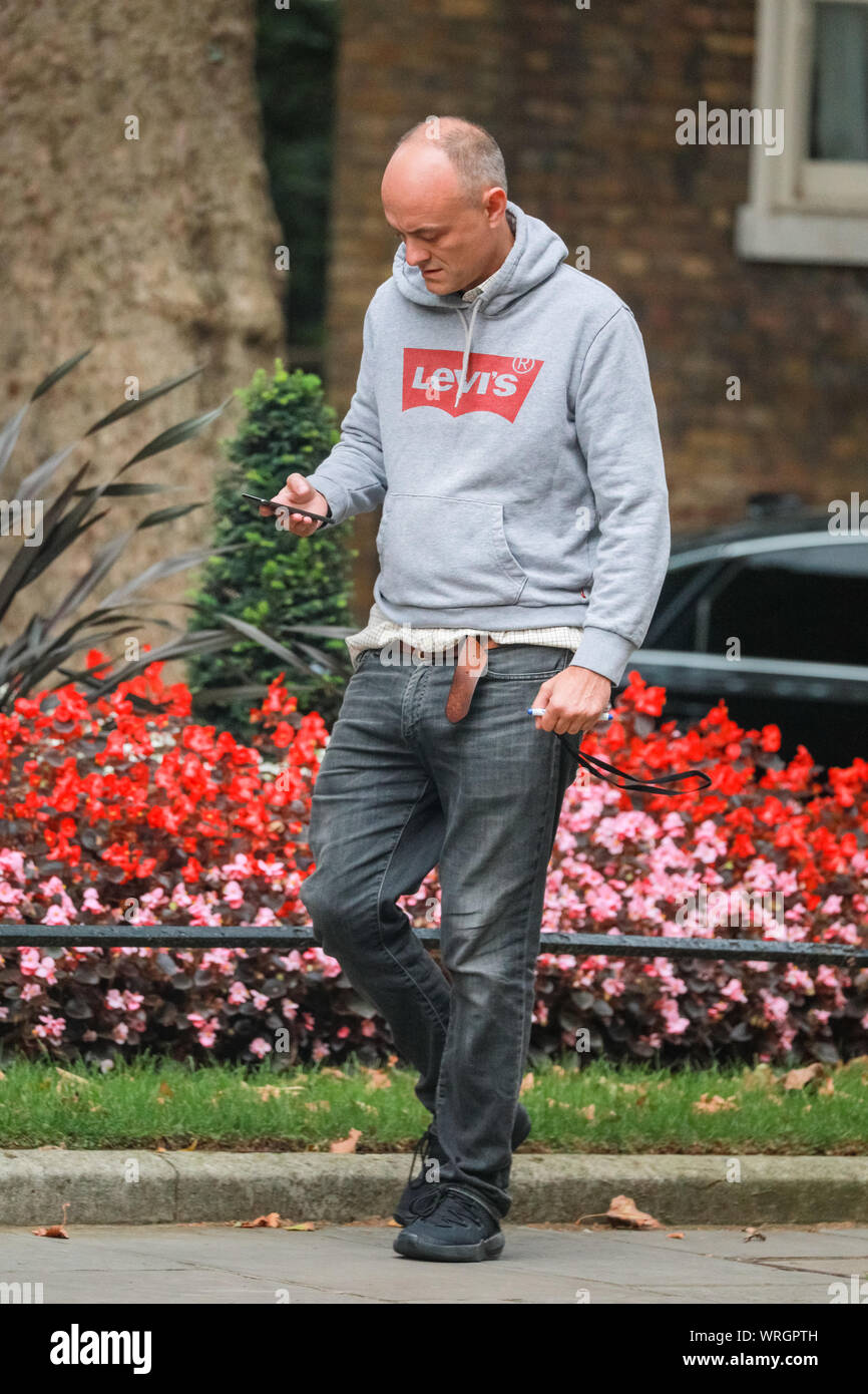 Westminster, London, 2019 10 sep. Dominic Cummings, le conseiller stratégique du Premier Ministre, quitte Downing Street et revient peu après, vêtu de vêtements, tandis que les dirigeants de DUP sont à l'intérieur No 10. Credit : Imageplotter/Alamy Live News Banque D'Images