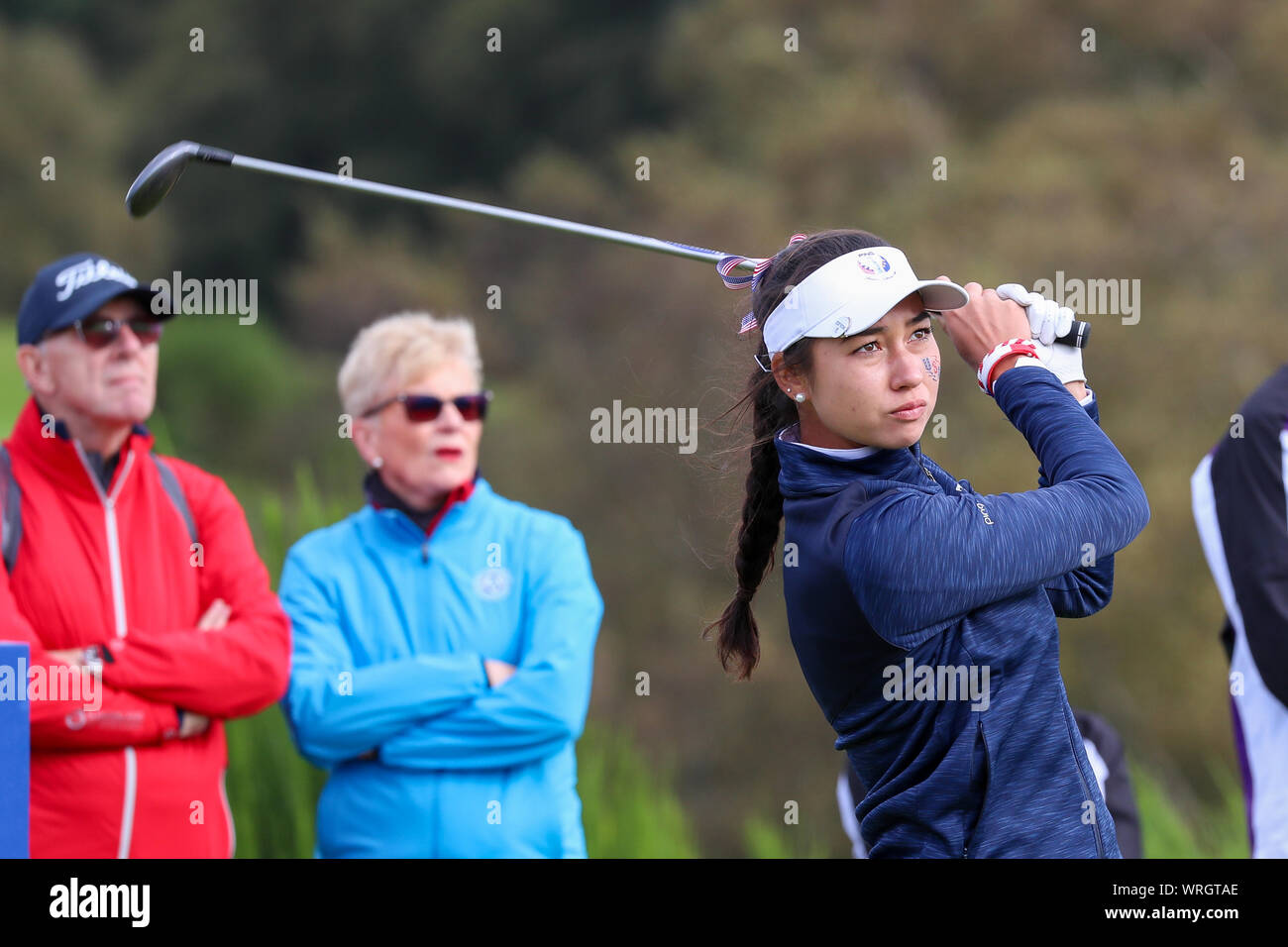 Gleneagles, UK. 10 septembre 2019. Dans l'après-midi concours fourball avec LILY PEUT HUMPHREYS et MIMI RHODES représentant l'Europe, jouant contre AMANDA SAMBACH et BRIANA CHACON représentant les USA, l'Amérique a gagné 2 et 1. Amanda Sambach pris le départ à la 7e. Credit : Findlay/Alamy News. Banque D'Images