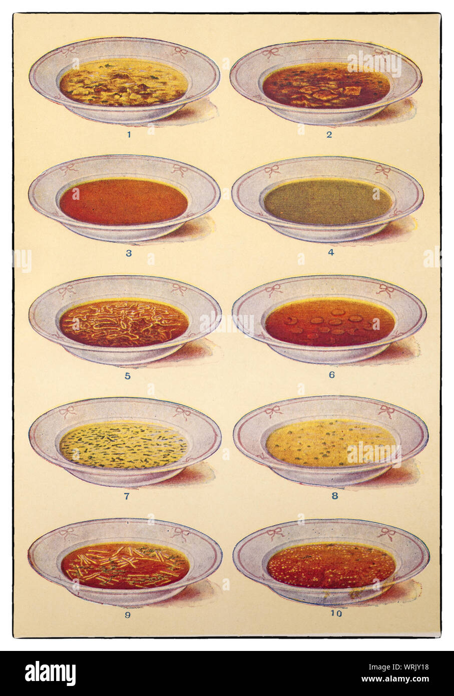 Les dernières techniques de cuisine et la préparation des aliments depuis le début des années 1930 dans le Beeton Mme 'Tout sur Côté Cuisine' édition de 1930. Soupes : 1. Bouillon de mouton ; 2. Pot-au-feu ; 3. Soupe de tomate ; 4. Soupe de rein ; 5. Le consommé a la Celestine ; 6. Le consommé un la Royale ; 7. Bonne Femme ; 8. Sauce Hollandaise ; 9. Le consommé un la Julienne ; 10. Le consommé a la Brunoise. Banque D'Images