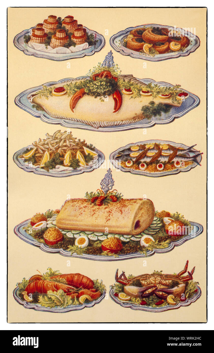 Les dernières techniques de cuisine et la préparation des aliments depuis le début des années 1930 dans le Beeton Mme 'Tout sur Côté Cuisine' édition de 1930. Les plats de poissons : 1. Galettes d'huîtres ; 2. Merlan frit ; 3. Turbot bouilli ; 4. Fried Whitebait ; 5. Le maquereau ; 6. La mayonnaise de saumon ; 7. Le homard ; 8. Le crabe. Banque D'Images