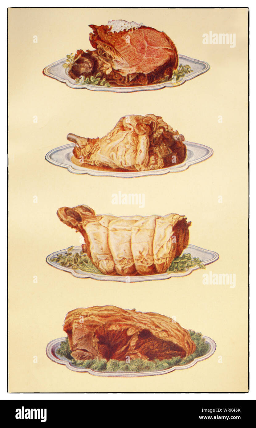 Les dernières techniques de cuisine et la préparation des aliments depuis le début des années 1930 dans le Beeton Mme 'Tout sur Côté Cuisine' édition de 1930. Les Joints : 1. Aitchbone de boeuf ; 2. Gigot de mouton ; 3. Selle de mouton ; 4. Faux-filet de boeuf. Banque D'Images