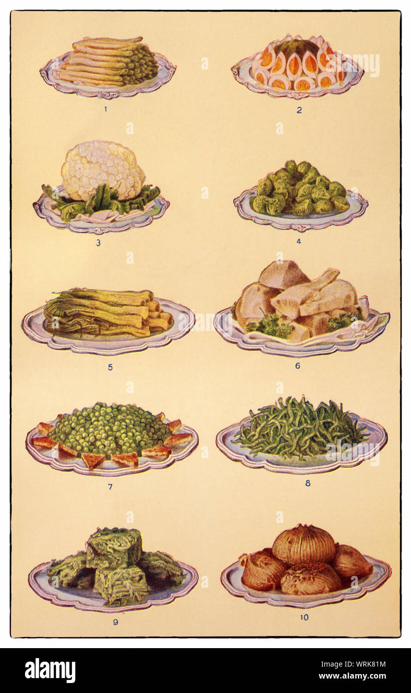 Les dernières techniques de cuisine et la préparation des aliments depuis le début des années 1930 dans le Beeton Mme 'Tout sur Côté Cuisine' édition de 1930. Légumes : 1. Les asperges ; 2. Les épinards avec des oeufs ; 3. Le chou-fleur ; 4. Les choux de Bruxelles ; 5. Les poireaux ; 6. Le panais ; 7. Pois nouveau ; 8. Les Haricots verts ; 9. Le chou ; 10. Oignons braisés. Banque D'Images
