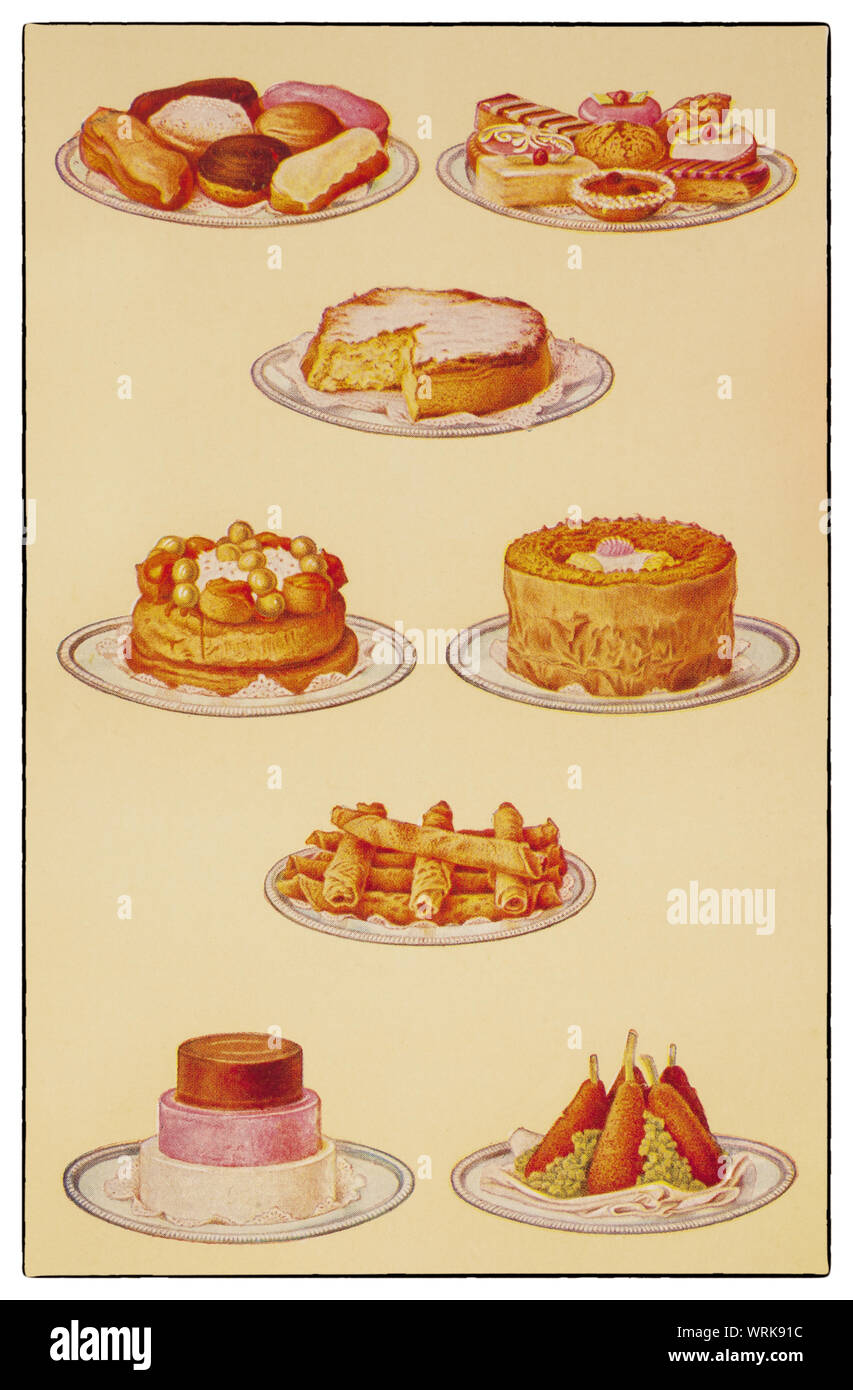 Les dernières techniques de cuisine et la préparation des aliments depuis le début des années 1930 dans le Beeton Mme 'Tout sur Côté Cuisine' édition de 1930. Les sucreries et les gâteaux : 1. Éclairs : 2. Assortiment de pâtisseries ; 3. Gâteaux éponge Savoie ; 4. Gateau St Honore ; 5. Simnel Cake ; 6. Des crêpes ; 7. Crème de la pyramide ; 8. Croquettes de riz. Banque D'Images