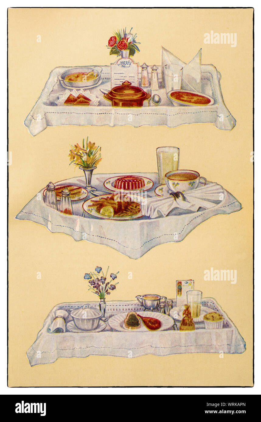 Les dernières techniques de cuisine et la préparation des aliments depuis le début des années 1930 dans le Beeton Mme 'Tout sur Côté Cuisine' édition de 1930. Bacs non valide pour l'aristocratie terrienne : 1 filets de sole à la vapeur.Fée, rôties, thé de boeuf, crème au four, l'eau d'orge....2. Pain grillé, Poêlée de pommes de terre et les semelles des pailles, thé de boeuf, limonade, gelée à 3. Soupe claire, d'agneau, purée de pommes de terre frite et d'épinards, d'arrow-root ou de Souffle, limonade, sauce tomate Banque D'Images