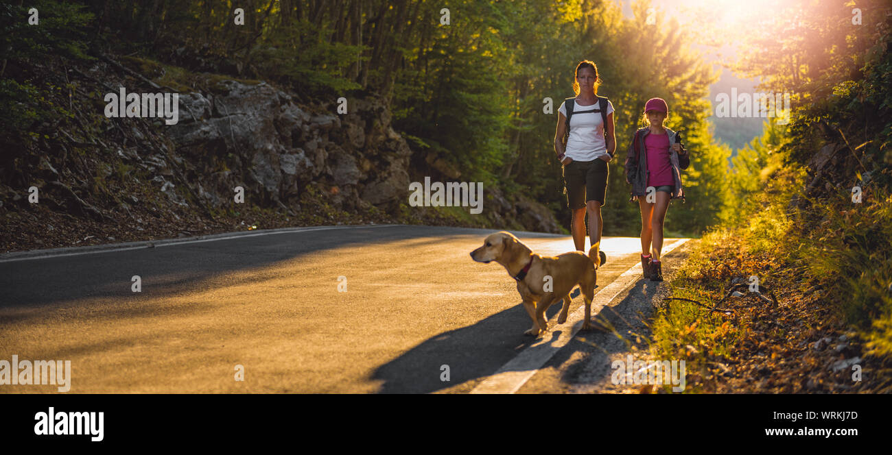 Mère et fille de la randonnée par la route asphaltée dans la forêt avec un petit chien jaune Banque D'Images Mère et fille de la randonnée par la route asphaltée dans la forêt avec un petit chien jaune Banque D'Images