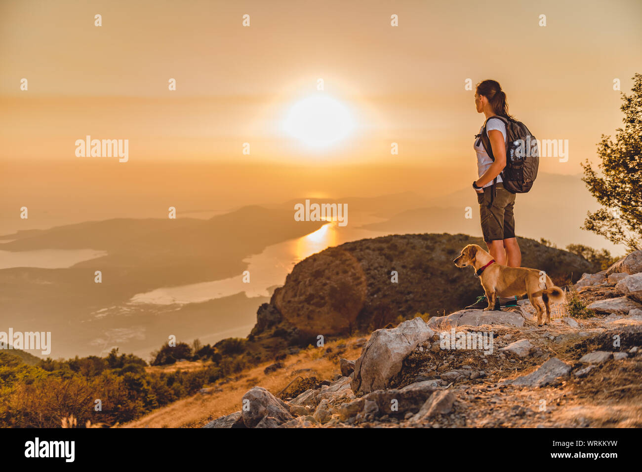 Femme avec un chien assis sur une montagne et à une baie à pendant le coucher du soleil Banque D'Images