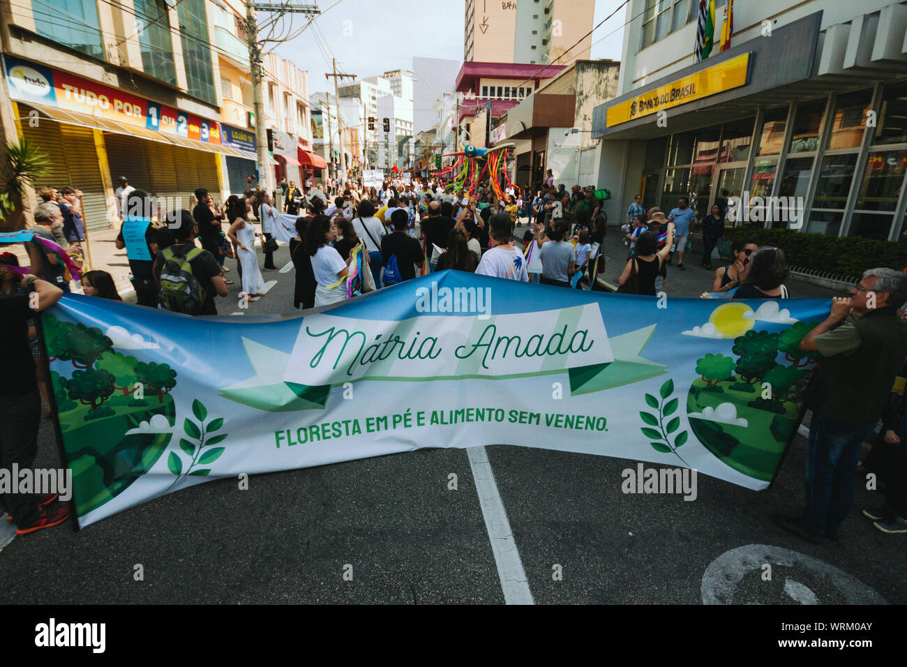 Foule dans les rues avec une manifestation d'ouverture, dans un environnement pro à pied, de protestation au cours de la journée de l'indépendance brésilienne Banque D'Images