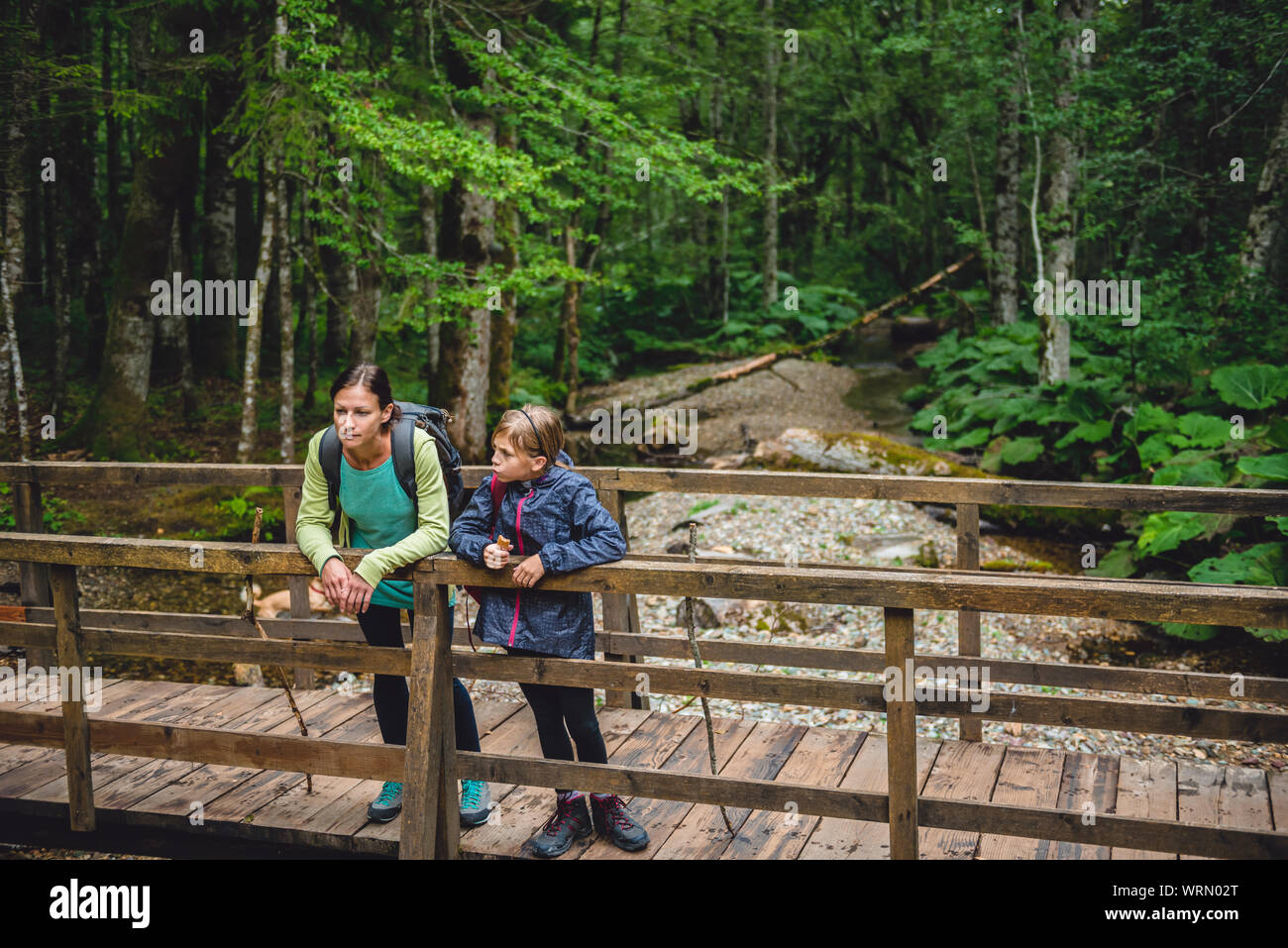 Mère et fille avec chien reposant sur le pont de bois dans la forêt de la montagne Banque D'Images
