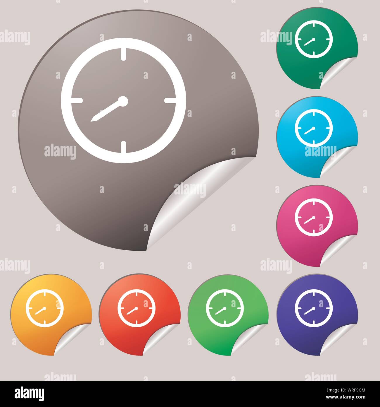 Icône de signe de la minuterie. Symbole de chronomètre. Ensemble de huit boutons ronds multicolores, autocollants. Vector Illustration de Vecteur
